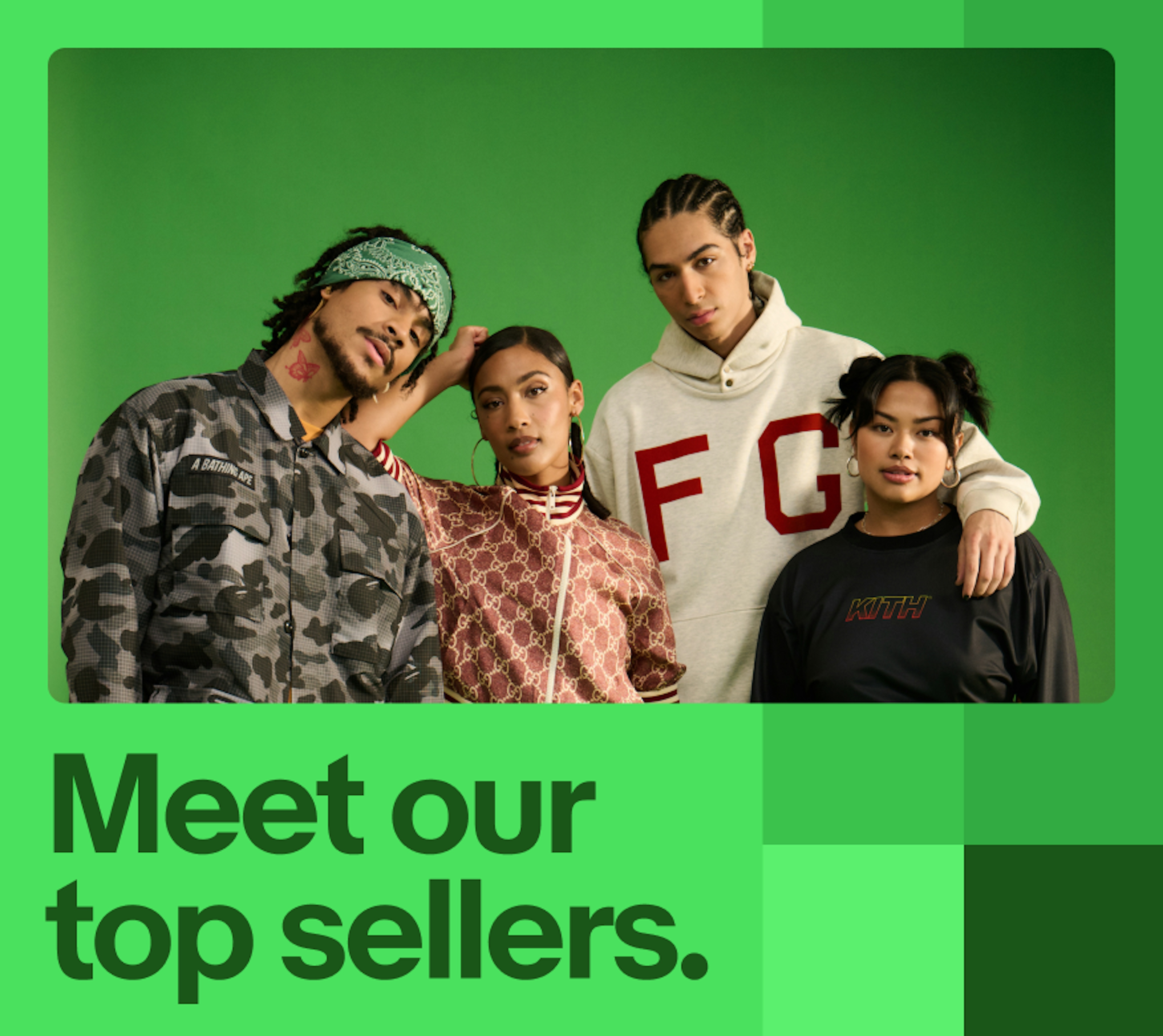 A green-toned image of a group of people in streetwear and dark green text sits on a green background with different shades of green color blocks.