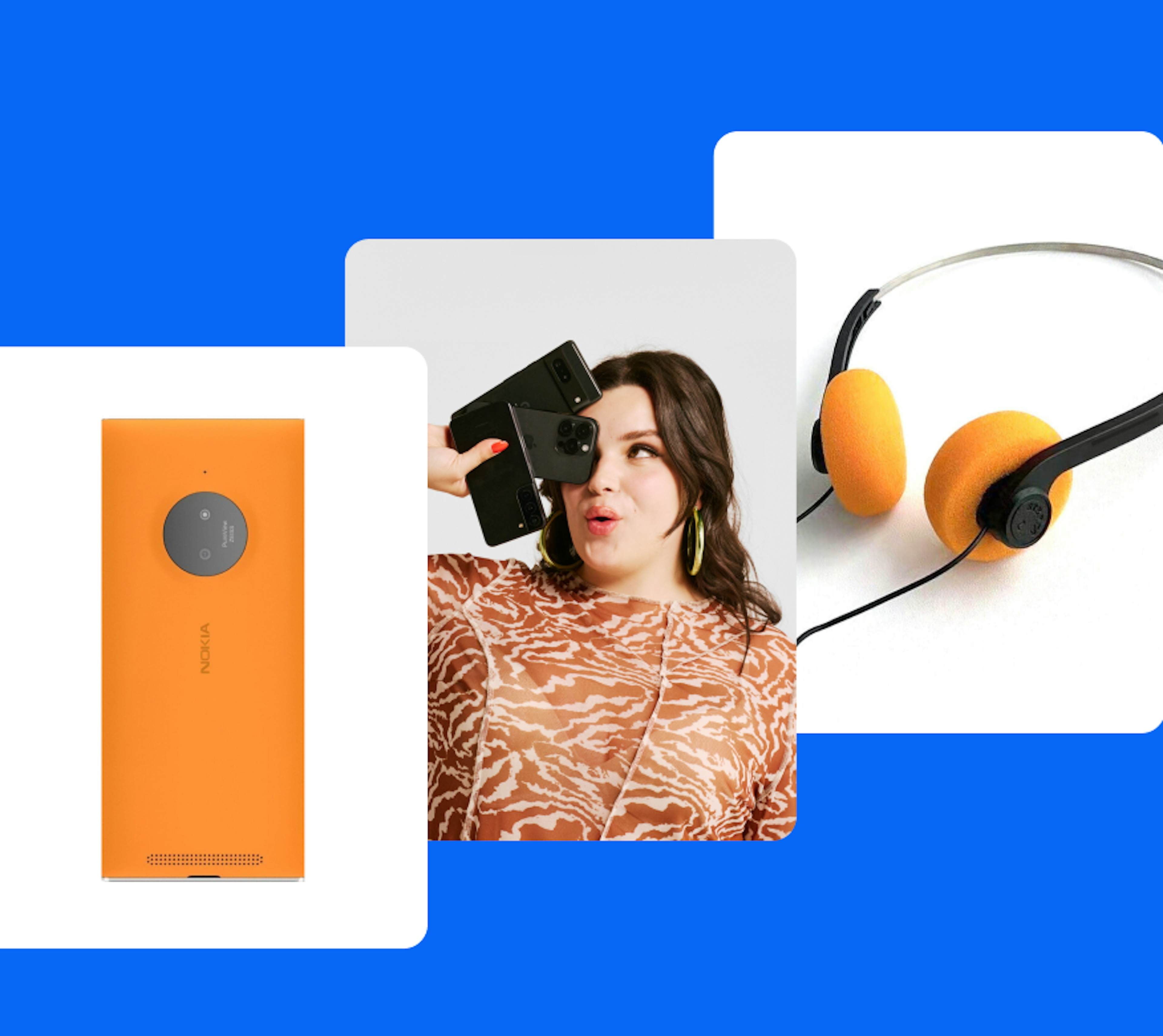 Three images–an orange Nokia smartphone, a studio shot of a person holding three smartphones wearing an orange and white dress, and wired orange headphones–are stacked on a blue background.