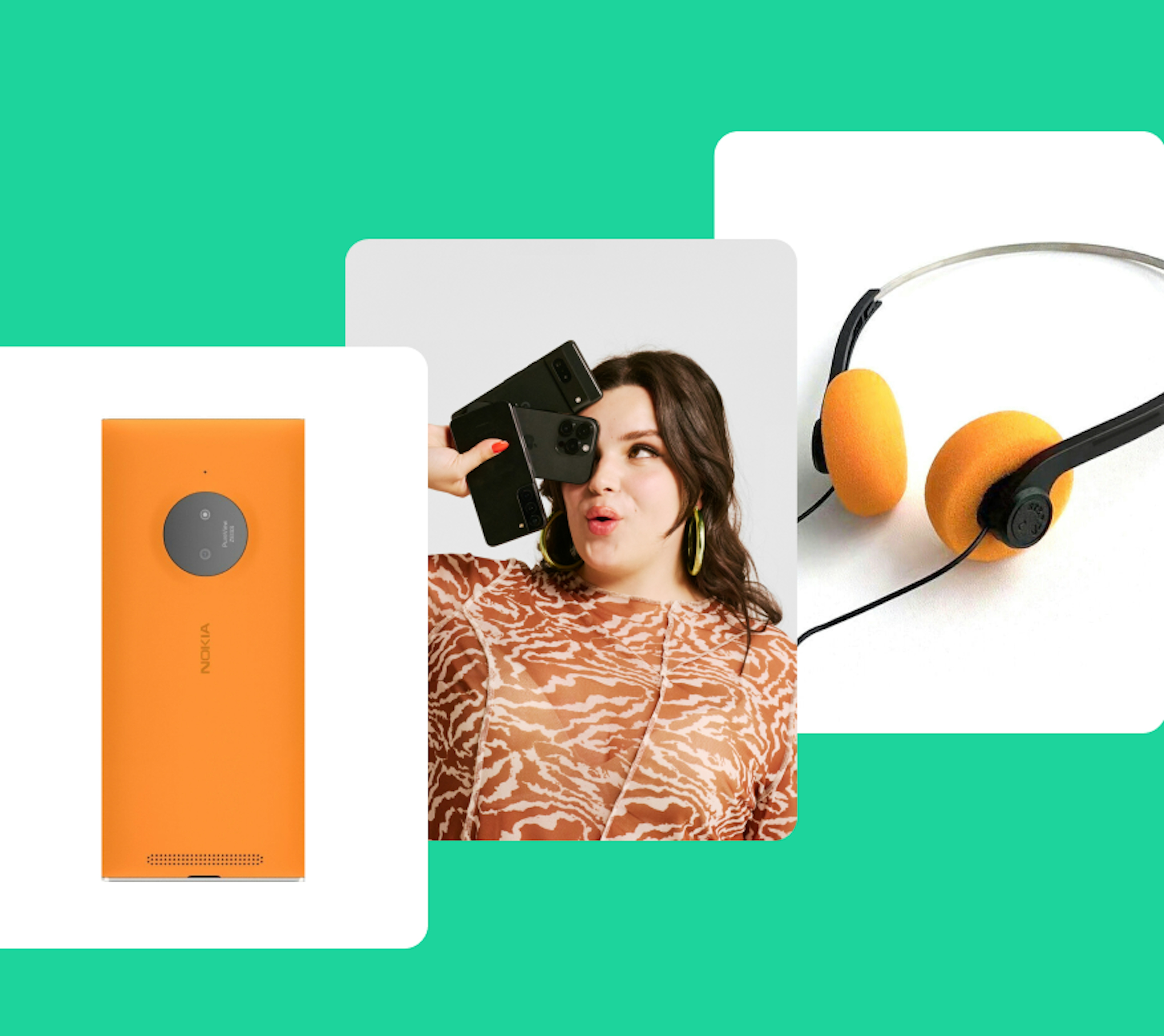 Three images–an orange Nokia smartphone, a studio shot of a person holding three smartphones wearing an orange and white dress, and wired orange headphones–are stacked on a light green background.