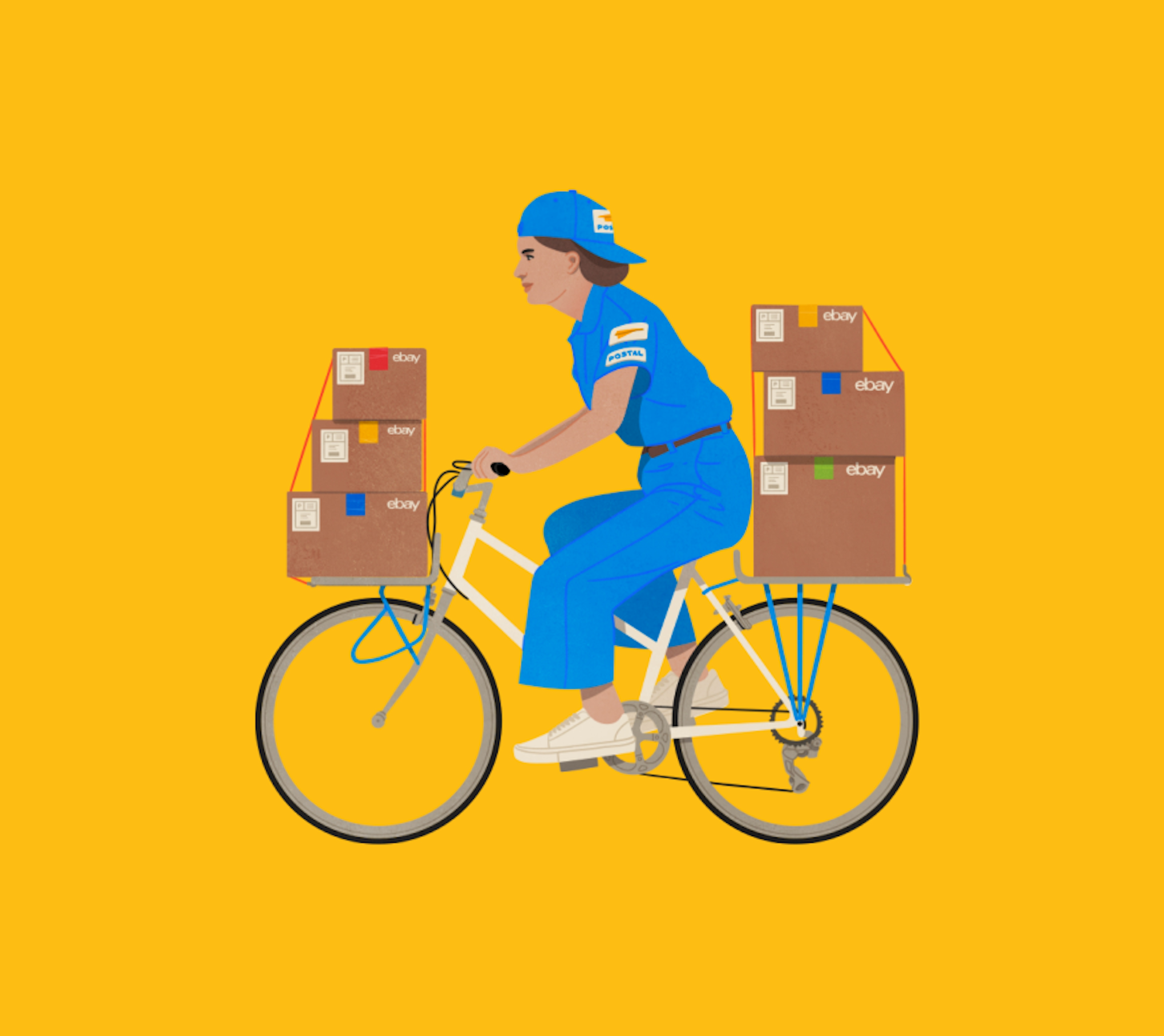 A postal delivery worker wearing a blue uniform riding a bike with 6 eBay cardboard boxes attached to the bicycle is illustrated on a yellow background.