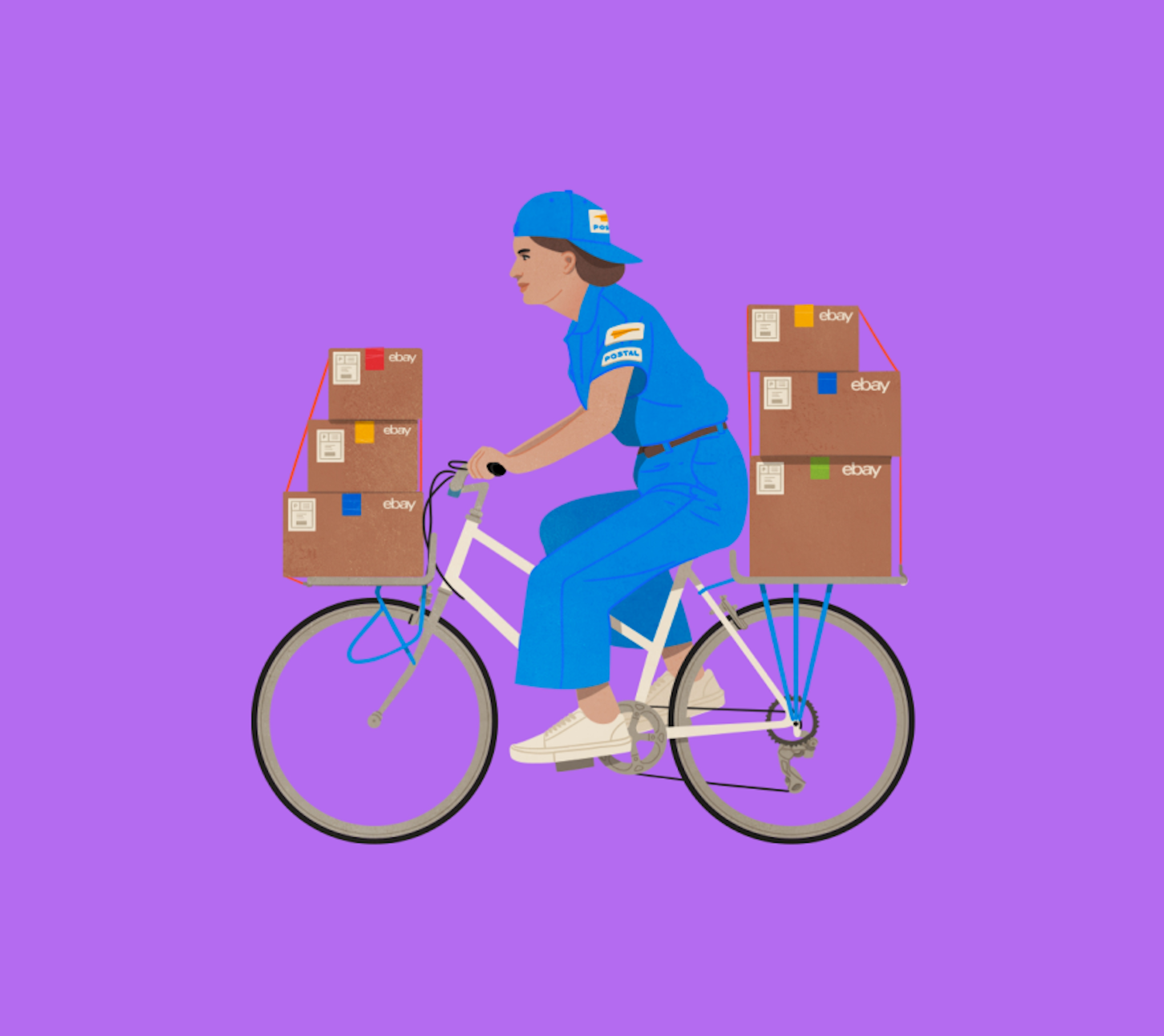 A postal delivery worker wearing a blue uniform riding a bike with 6 eBay cardboard boxes attached to the bicycle is illustrated on a purple background.