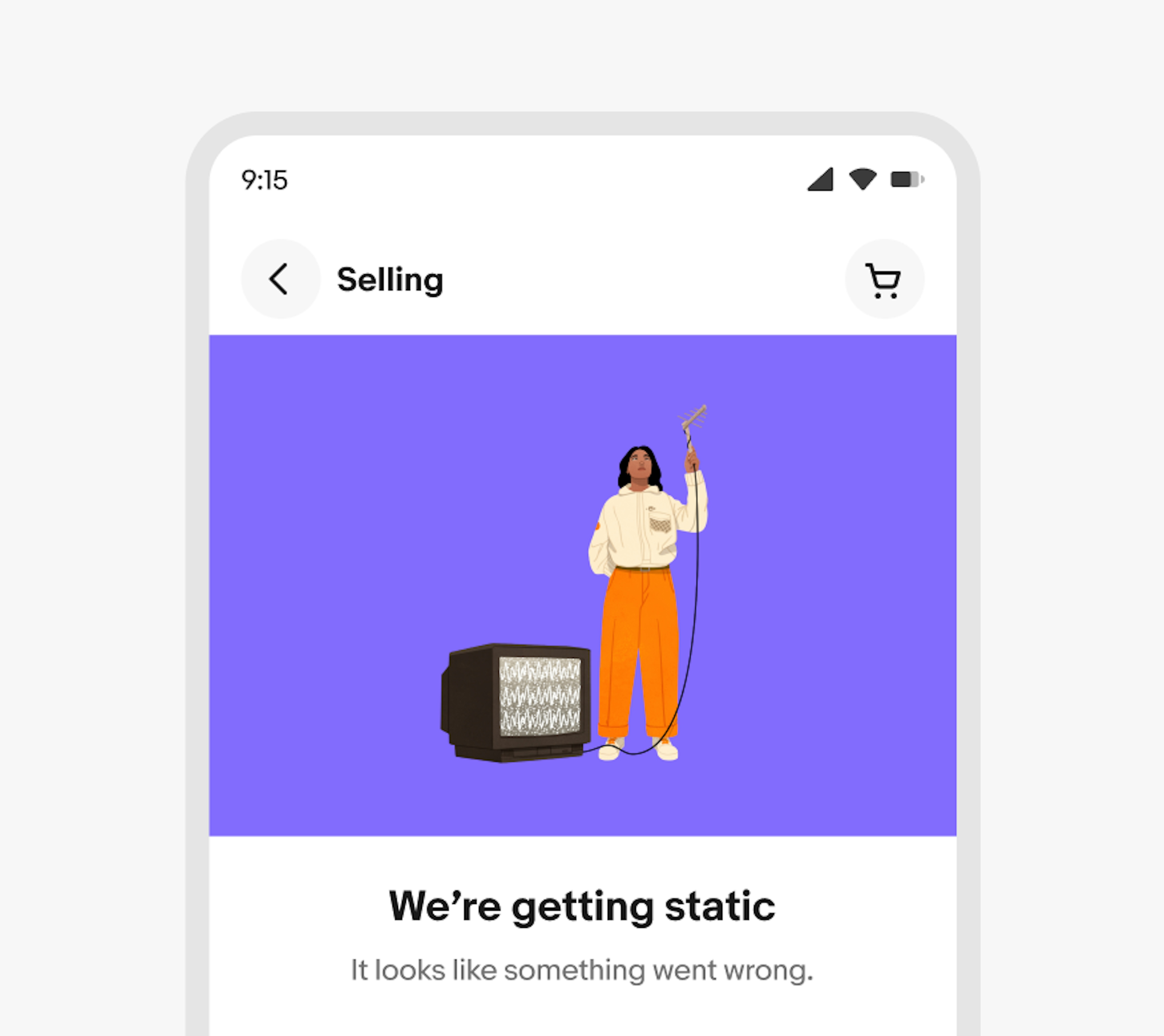 An empty state illustration in the eBay app on a purple background.