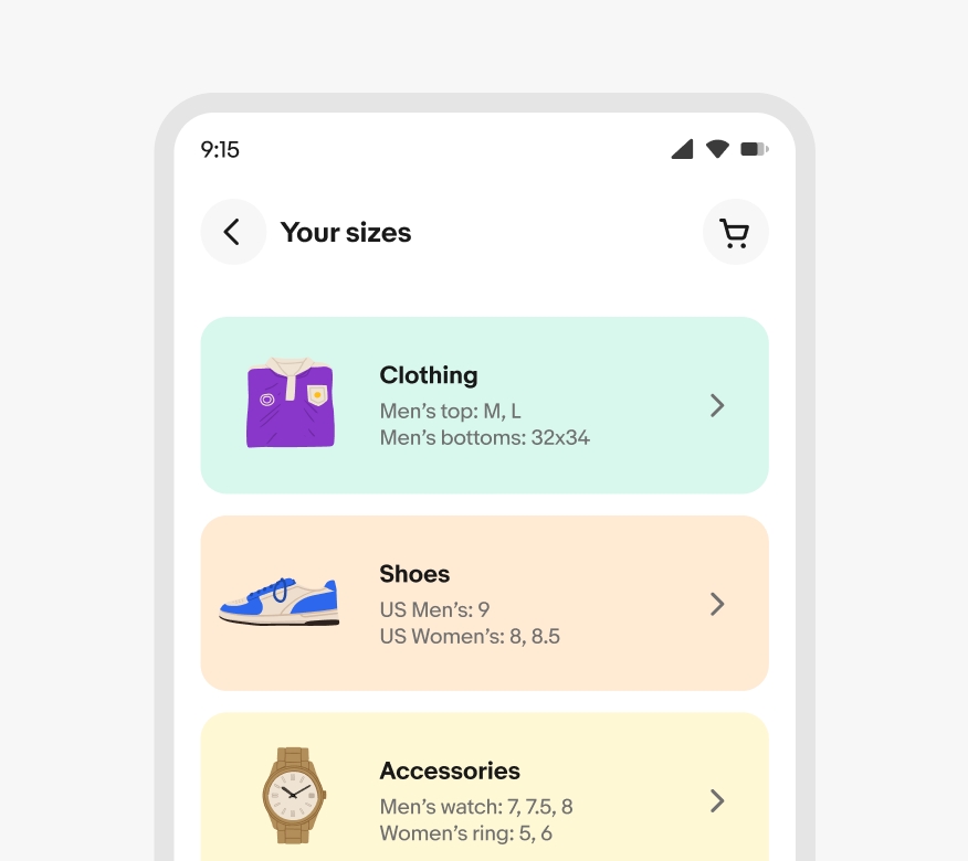 The ‘Your sizes’ section in the eBay app with three colored sections: The Clothing section showcases a folded purple shirt and black text on a light green background, the Shoes section showcases a blue and white sneaker and black text on a light orange background, and the Accessories shows a brown watch and black text on a light yellow background.
