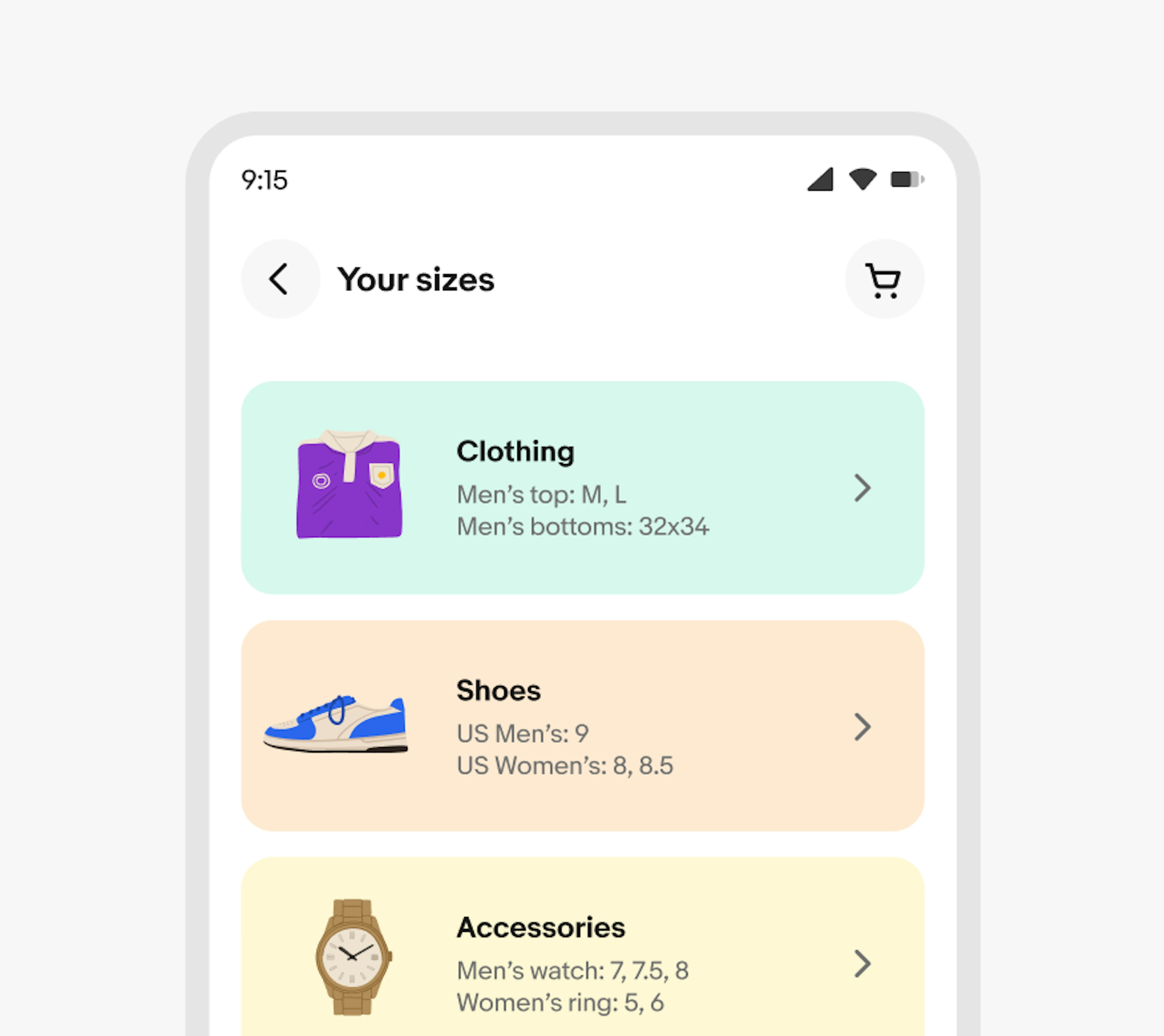 The ‘Your sizes’ section in the eBay app with three colored sections: The Clothing section showcases a folded purple shirt and black text on a light green background, the Shoes section showcases a blue and white sneaker and black text on a light orange background, and the Accessories shows a brown watch and black text on a light yellow background.