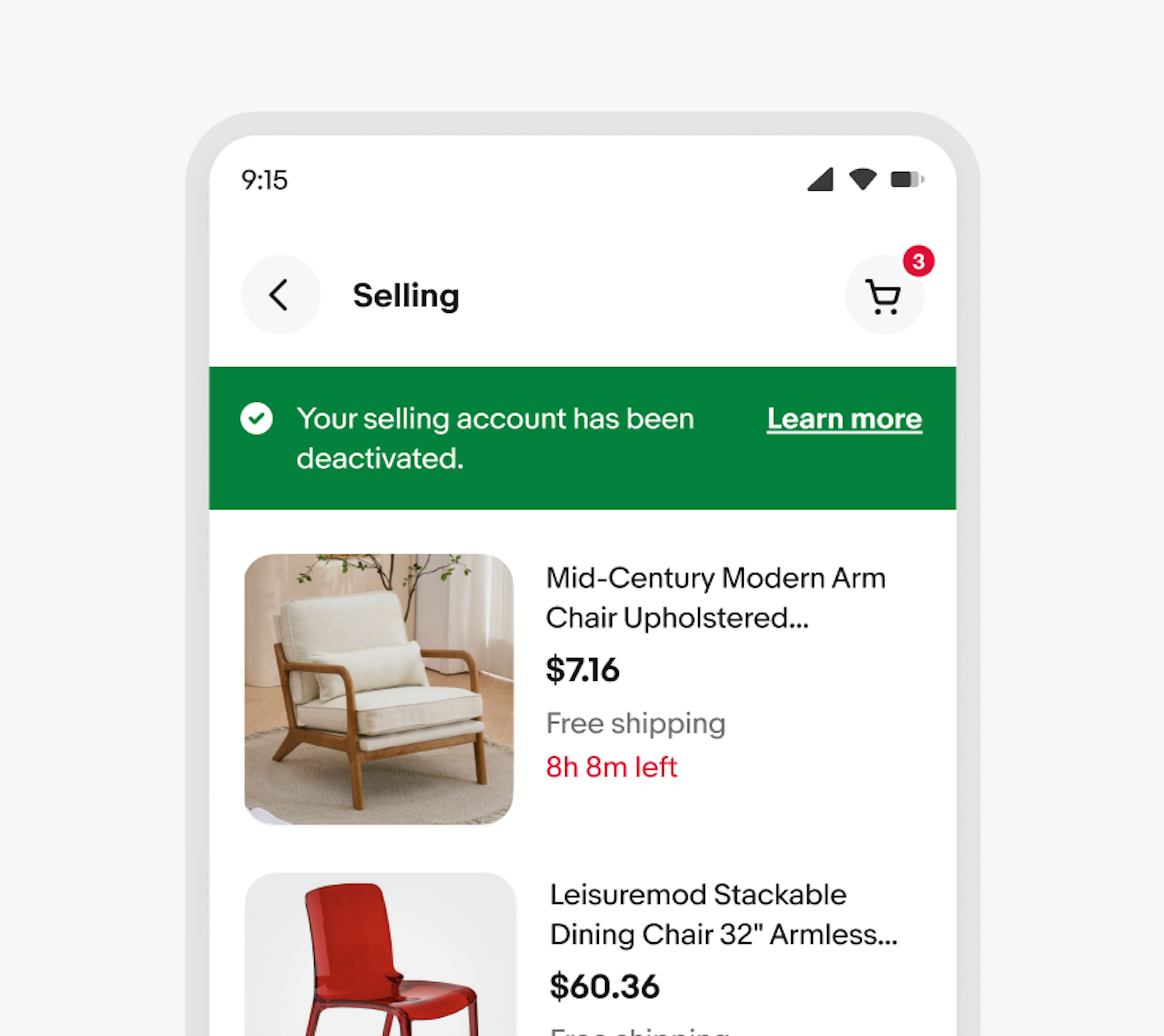 A green alert notice sits in the Selling section on the eBay app.