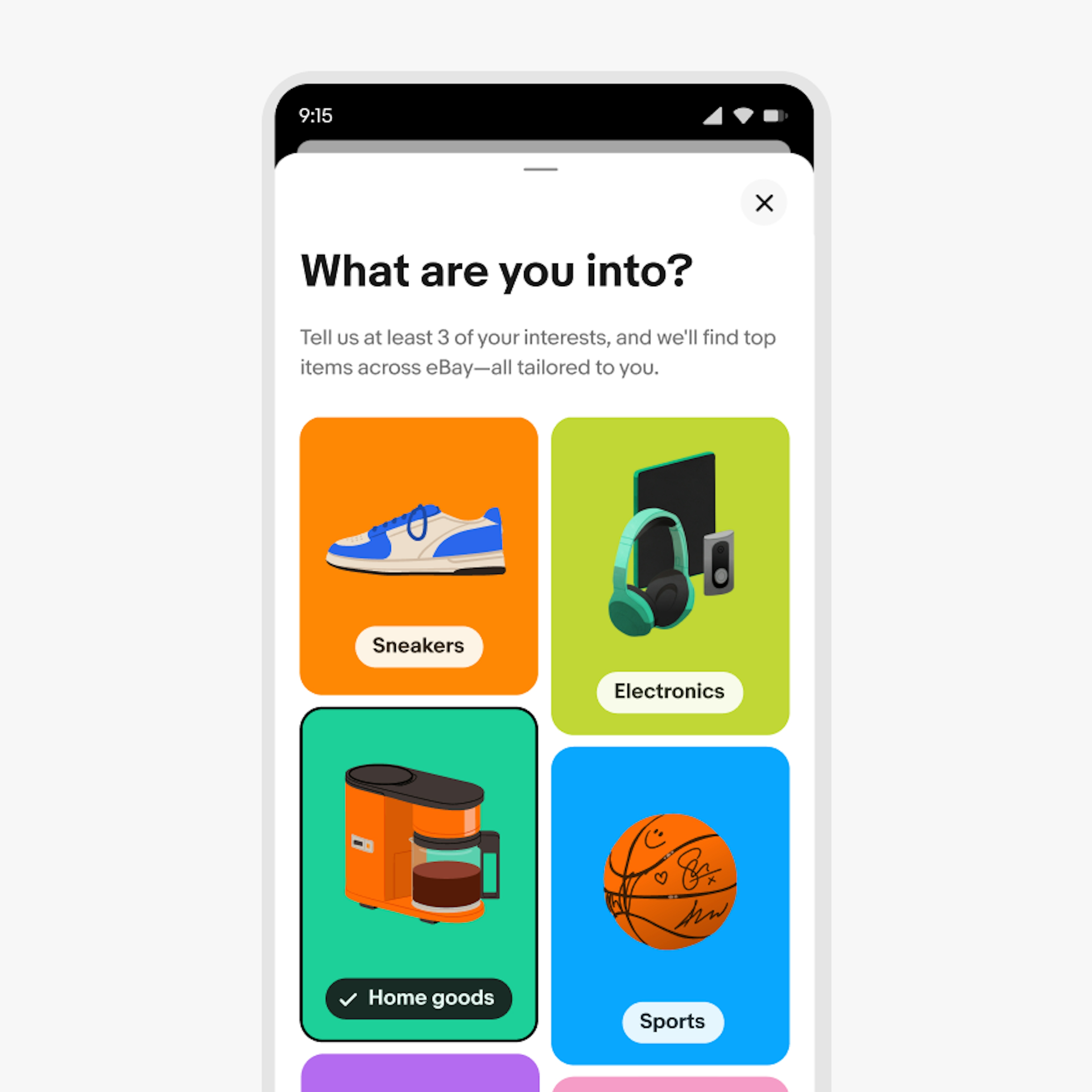 'What are you into?' mobile screen with selectable interest tiles. Each tile features a different illustration and background color.