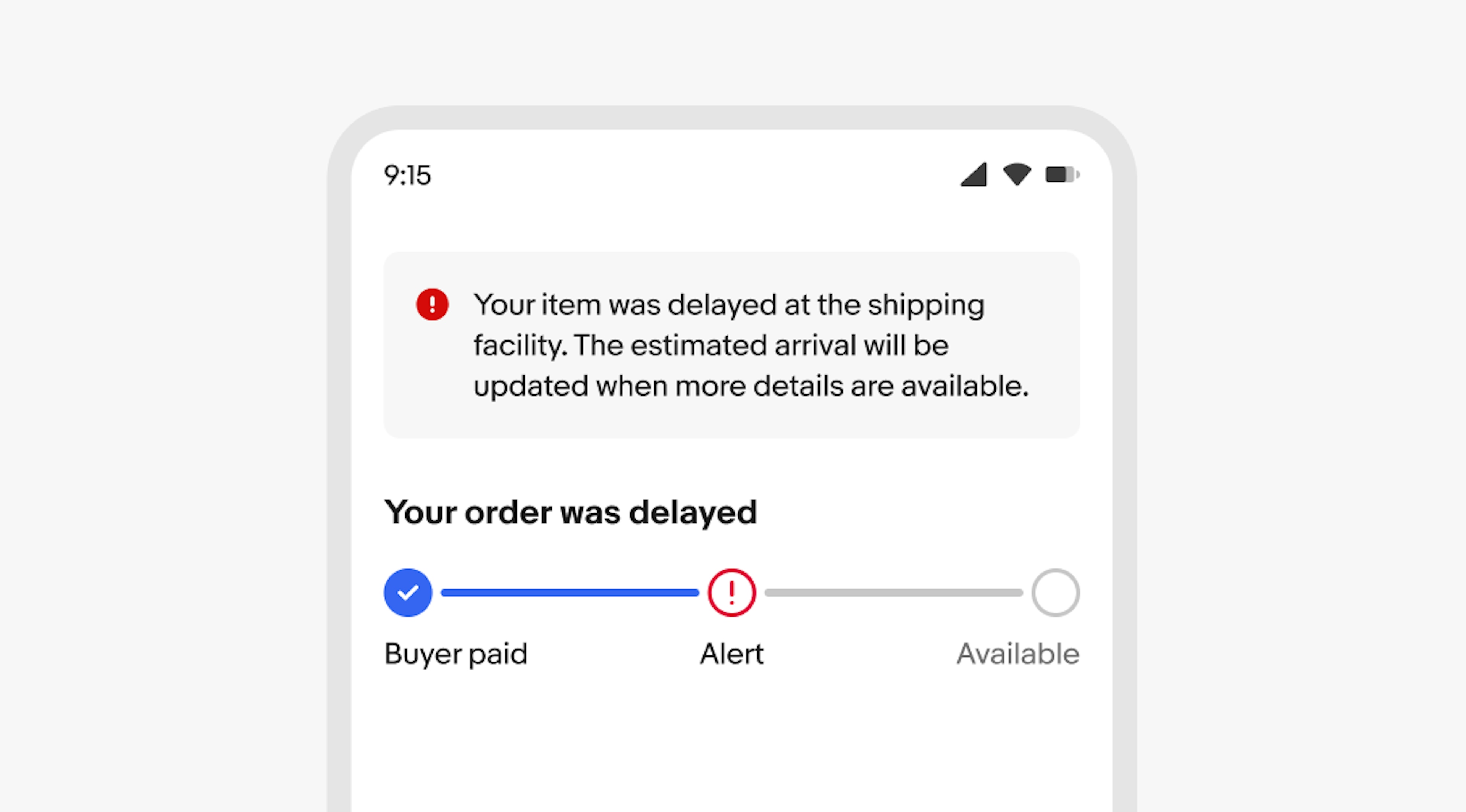 An example showing progress stepper component with three steps each with a different state: buyer paid, alert, available