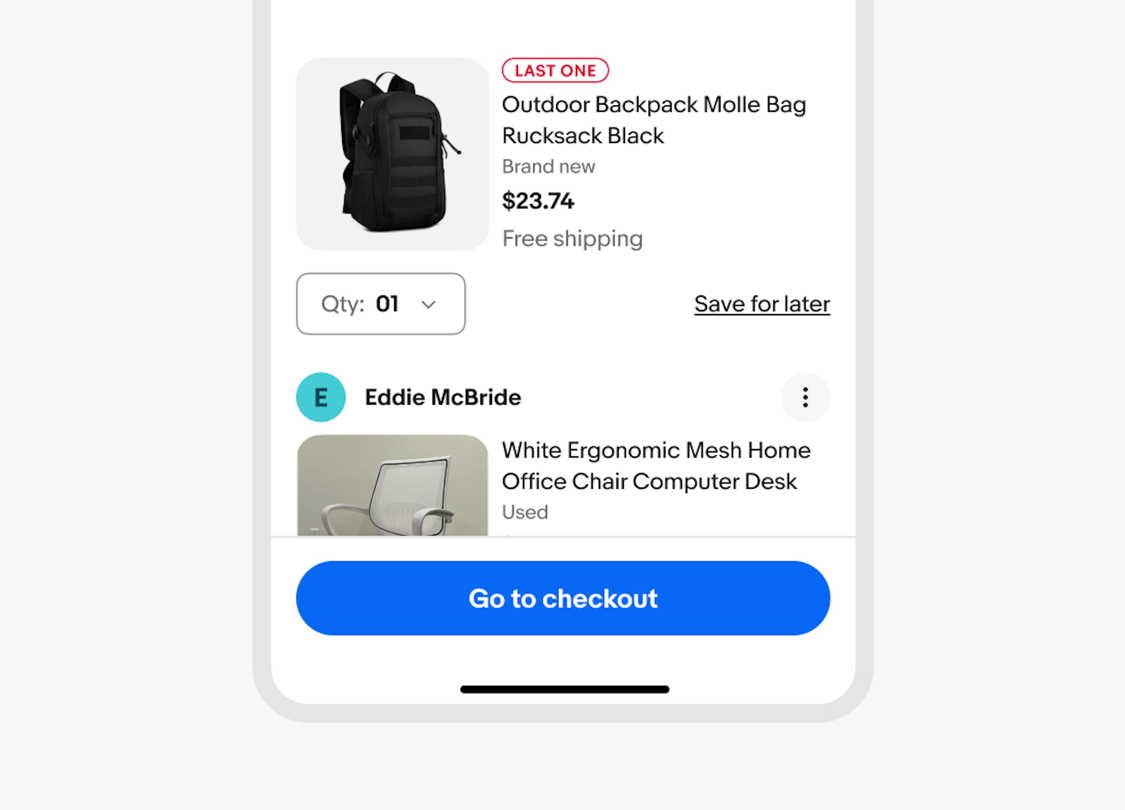 Full-width divider line separating two item cards from a sticky bottom button titled “go to checkout”