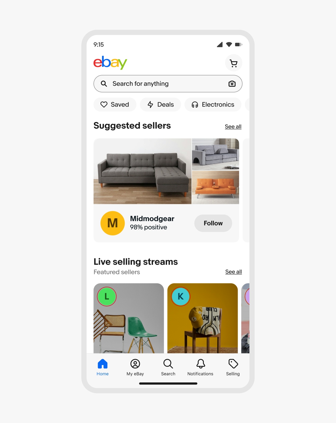 A variety of colorful dynamic avatars in yellow, kiwi, and blue displayed in store and live video cards in a mobile layout.