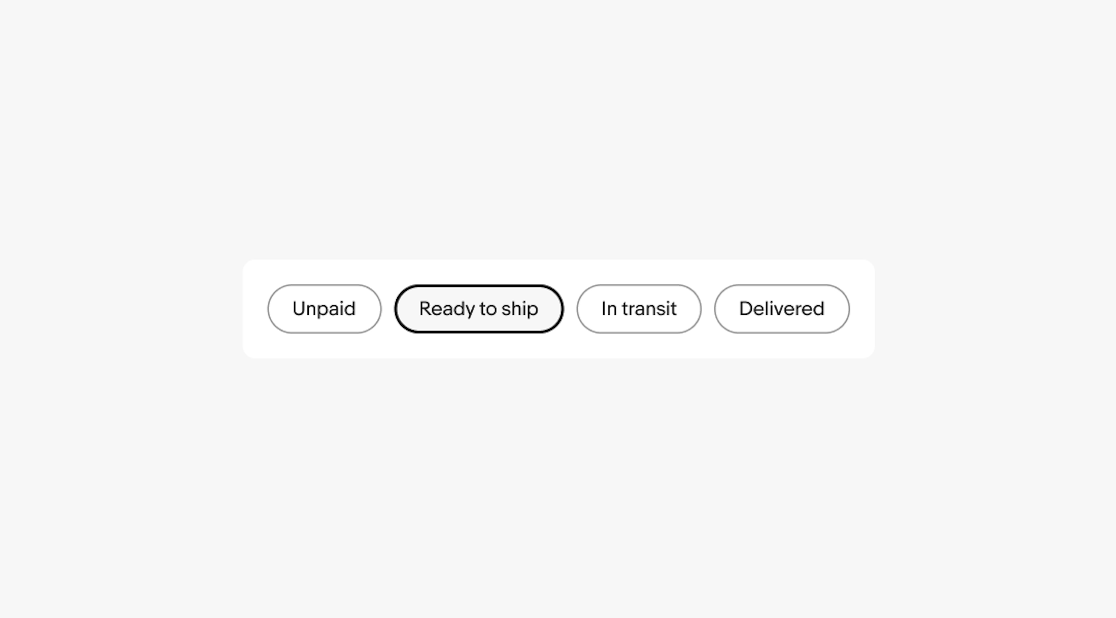 Four single discrete quick filters: Unpaid, Ready to ship, In transit, and Delivered. Ready to ship is the only filter in a selected state.