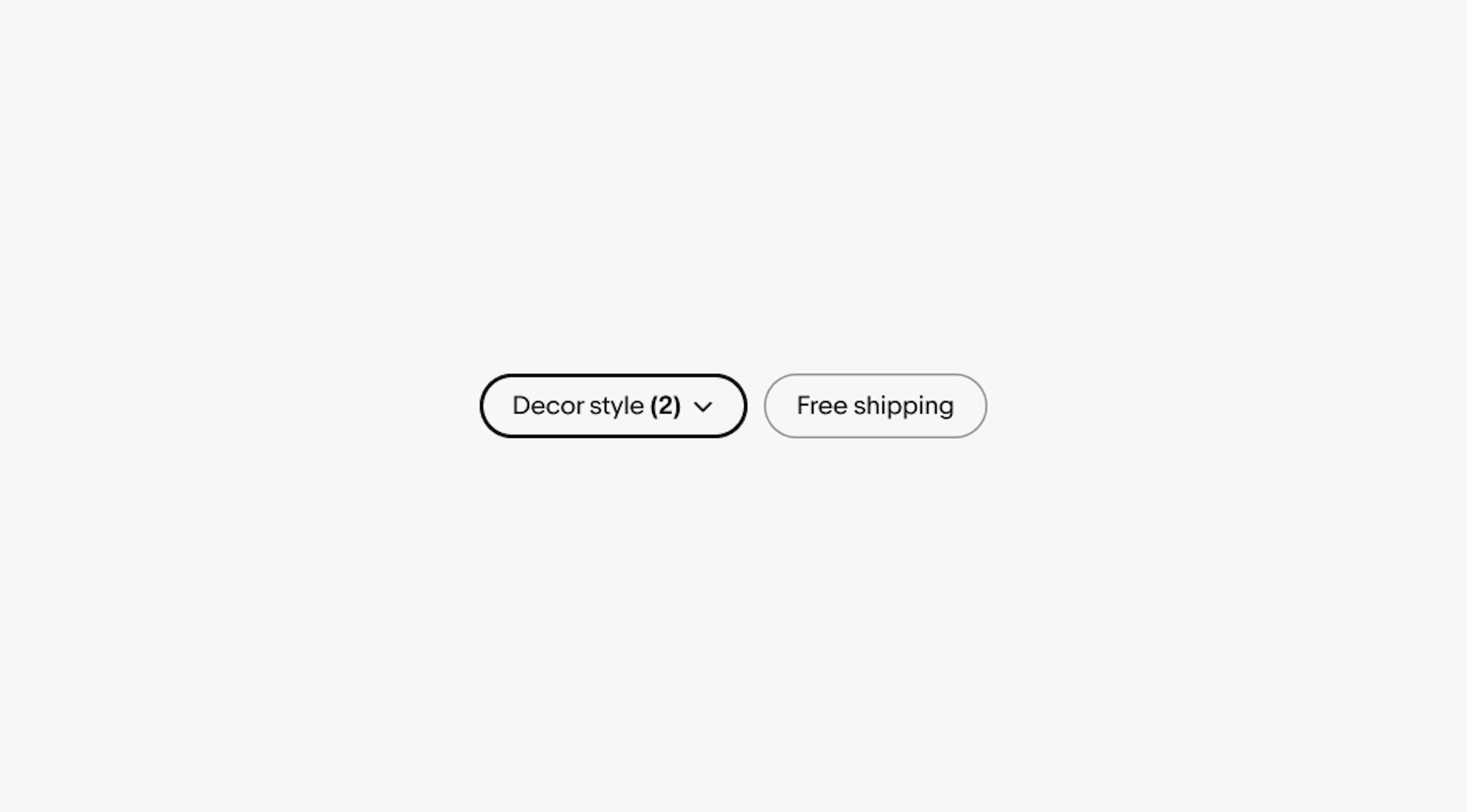 A selected dropdown quick filter with the title ‘Decor style (2) sits beside a discrete quick filter with the title ‘Free shipping’.