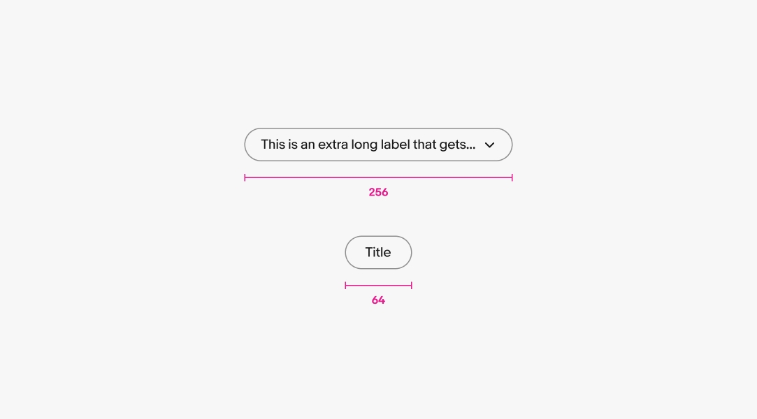A dropdown quick filter with a width of 100px sits above a discrete quick filter with a width of 64px.