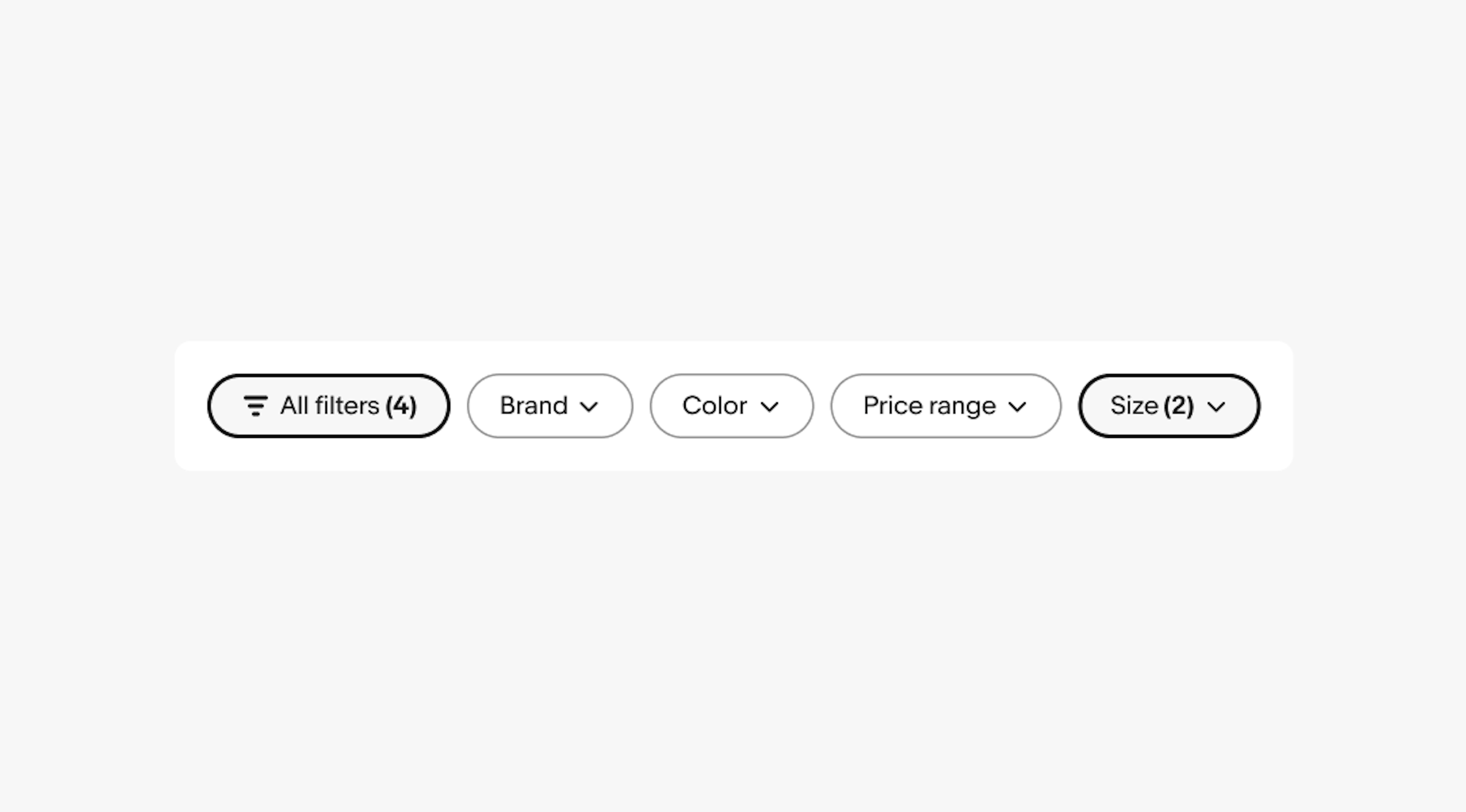 Five quick filters: All filters, Brand, Color, Price range, and Size. The All filters quick filter is selected, showing an action button with a counter of 4. The other filters are dropdown quick filters. The Size filter is also selected, displaying a counter of 2.