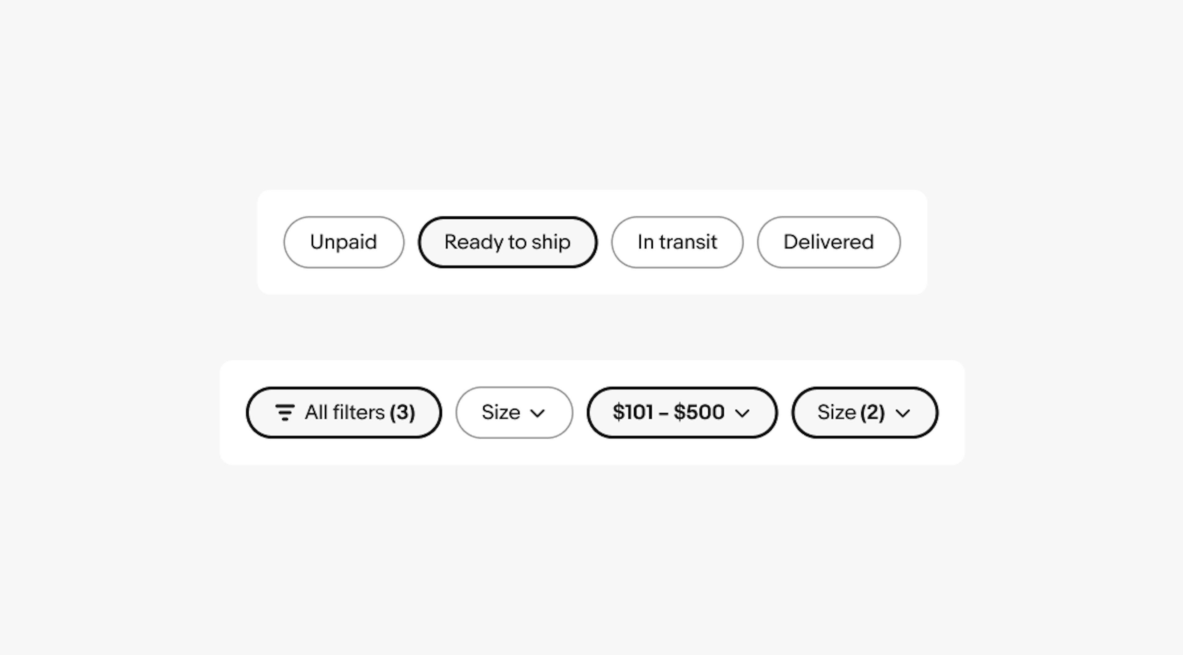 A quick filter group containing four filters: Unpaid, Ready to ship (in a selected state), In transit, and Delivered, is sitting above a quick filter group containing four filters: All filters (with a counter of 3 and in a selected state), Size, $101 to $500 (in a selected state), and Size (in a selected state with a counter of 2).