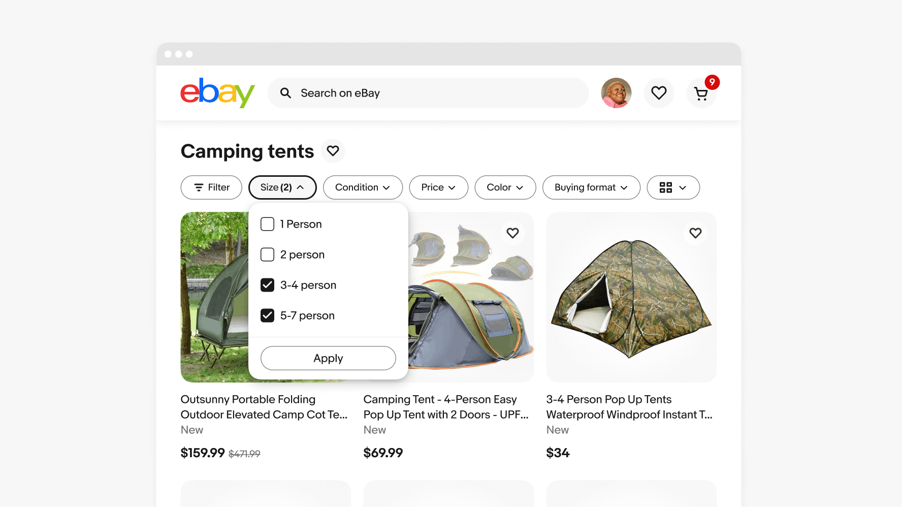 A ‘Camping tents’ page on eBay web features four quick filters, with the ‘Size’ quick filter in a selected state.. The ‘Size’ quick filter features a counter of 2, and four checkbox options below in a dropdown popover: 1 person, 2 person, 3-4 person, and 5-7 person. 3-4 person and 5-7 person are selected.