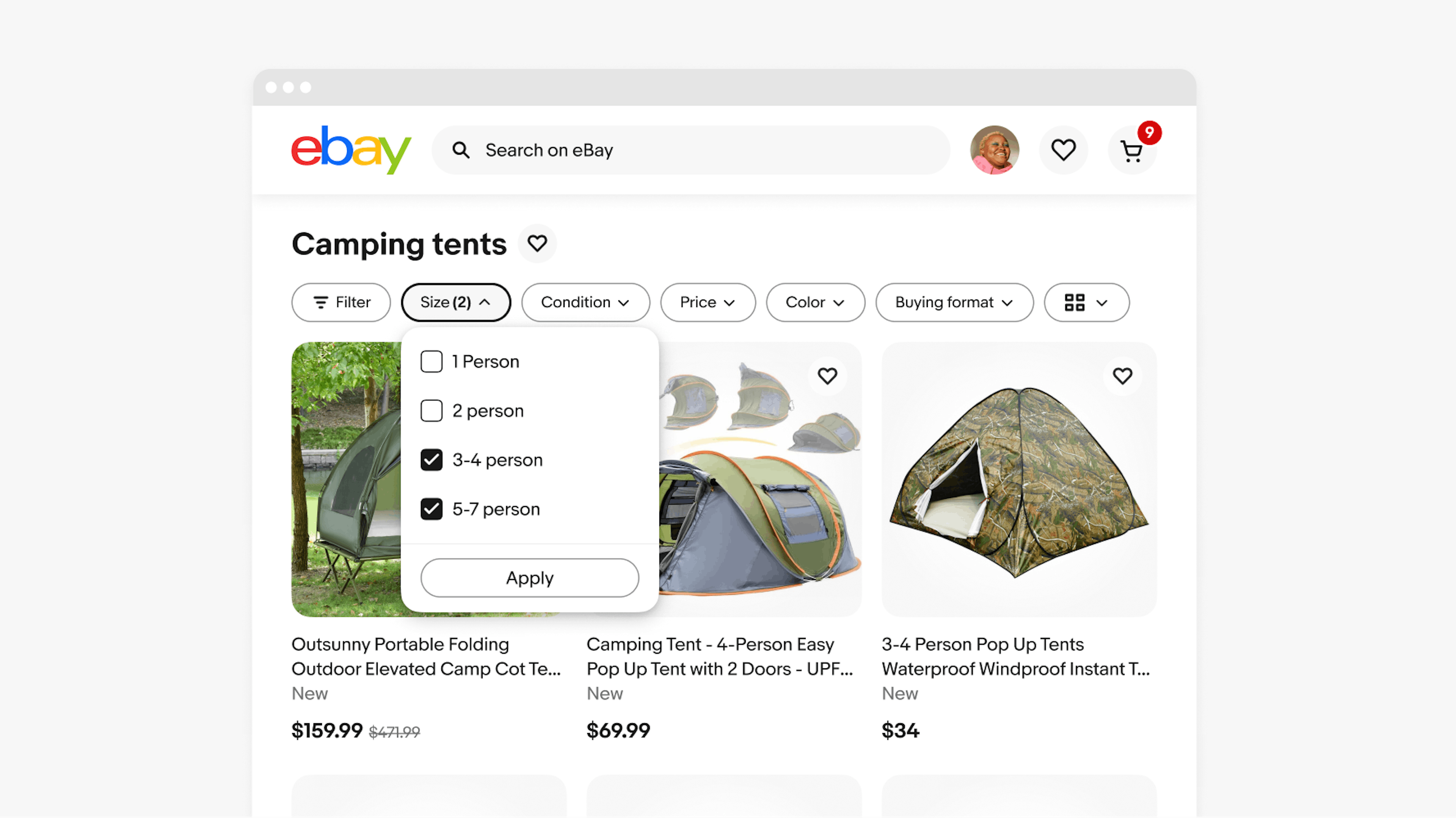 A ‘Camping tents’ page on eBay web features four quick filters, with the ‘Size’ quick filter in a selected state.. The ‘Size’ quick filter features a counter of 2, and four checkbox options below in a dropdown popover: 1 person, 2 person, 3-4 person, and 5-7 person. 3-4 person and 5-7 person are selected.