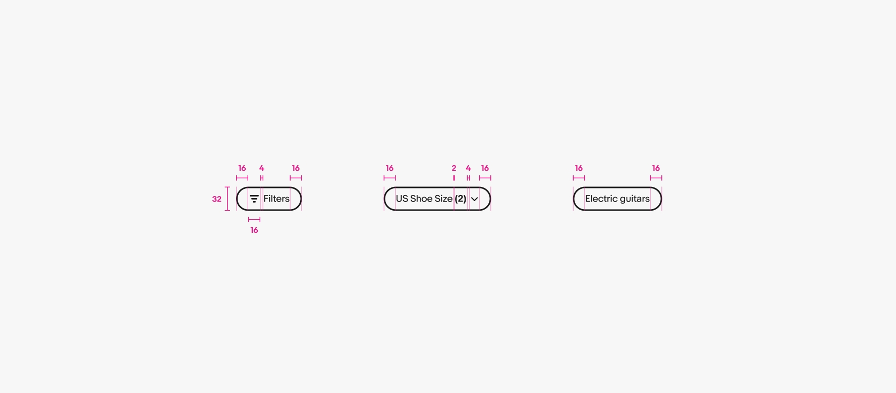 Three quick filters with specs shown. Quick filter specs: The height of the quick filter is 32px, the padding on the left and right content inside of the of the quick filter is 16px, the padding between the leading filter icon and the title is 4px, the padding between the title and counter is 2px, the padding between the counter and trailing chevron icon is 4px.