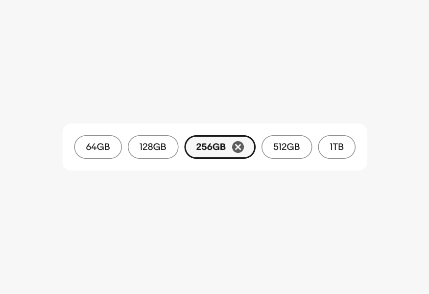 Five discrete quick filters: ‘64GB’, ‘128GB’. , ‘256GB’, ‘512GB’, and ‘1TB’. 256GB’ is in a selected state with a trailing ‘x’ icon.