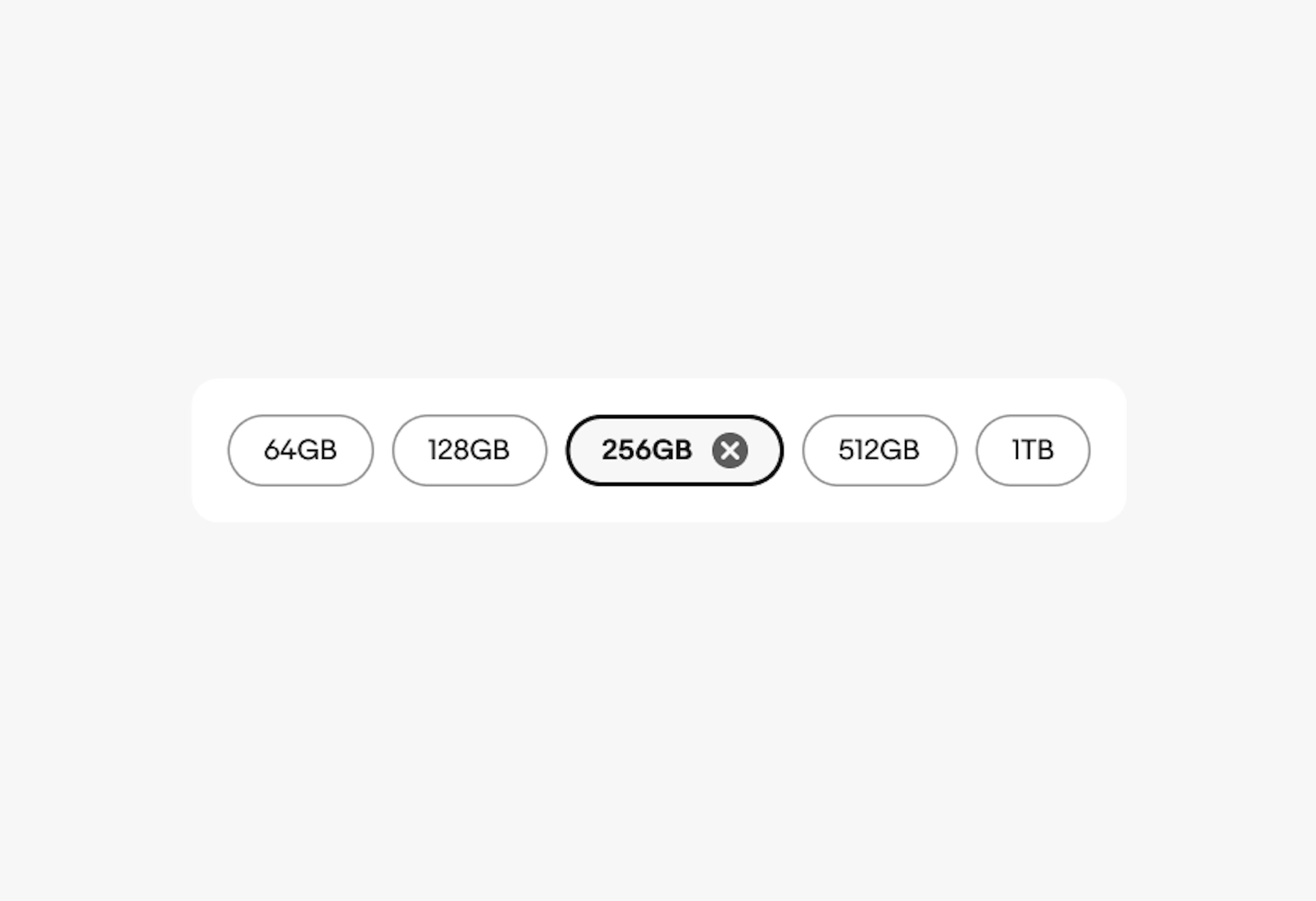 Five discrete quick filters: ‘64GB’, ‘128GB’. , ‘256GB’, ‘512GB’, and ‘1TB’. 256GB’ is in a selected state with a trailing ‘x’ icon.