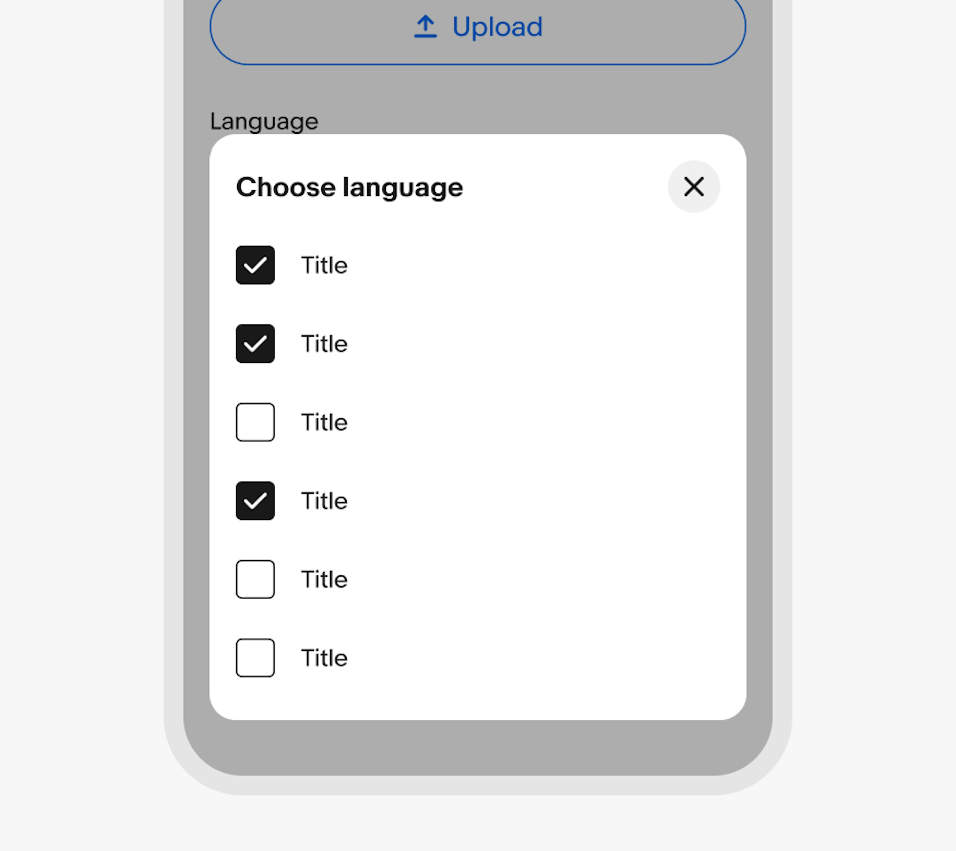 A checkbox list with the title ‘Choose language’ in a bottom sheet on mobile web.