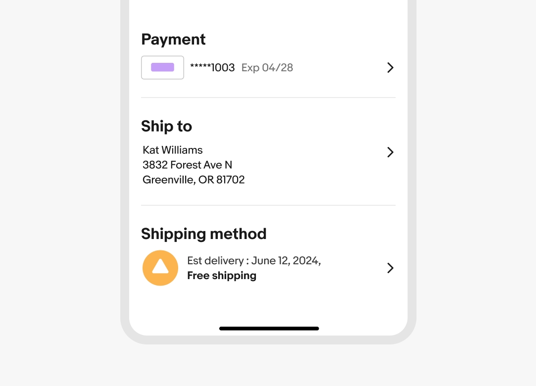 Order checkout screen with inset dividers organizing content into sections for payment details, shipping address, and shipping method.