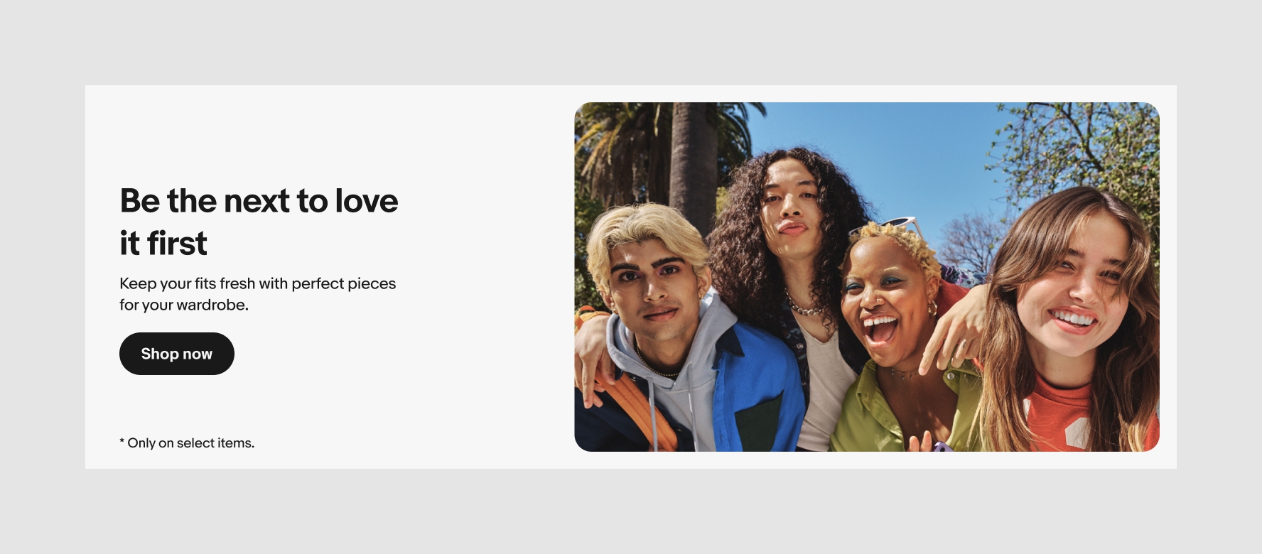 A light gray banner with black text centered vertically on the left and an image of 4 happy Gen Z-ers inset with rounded corners on the right.
