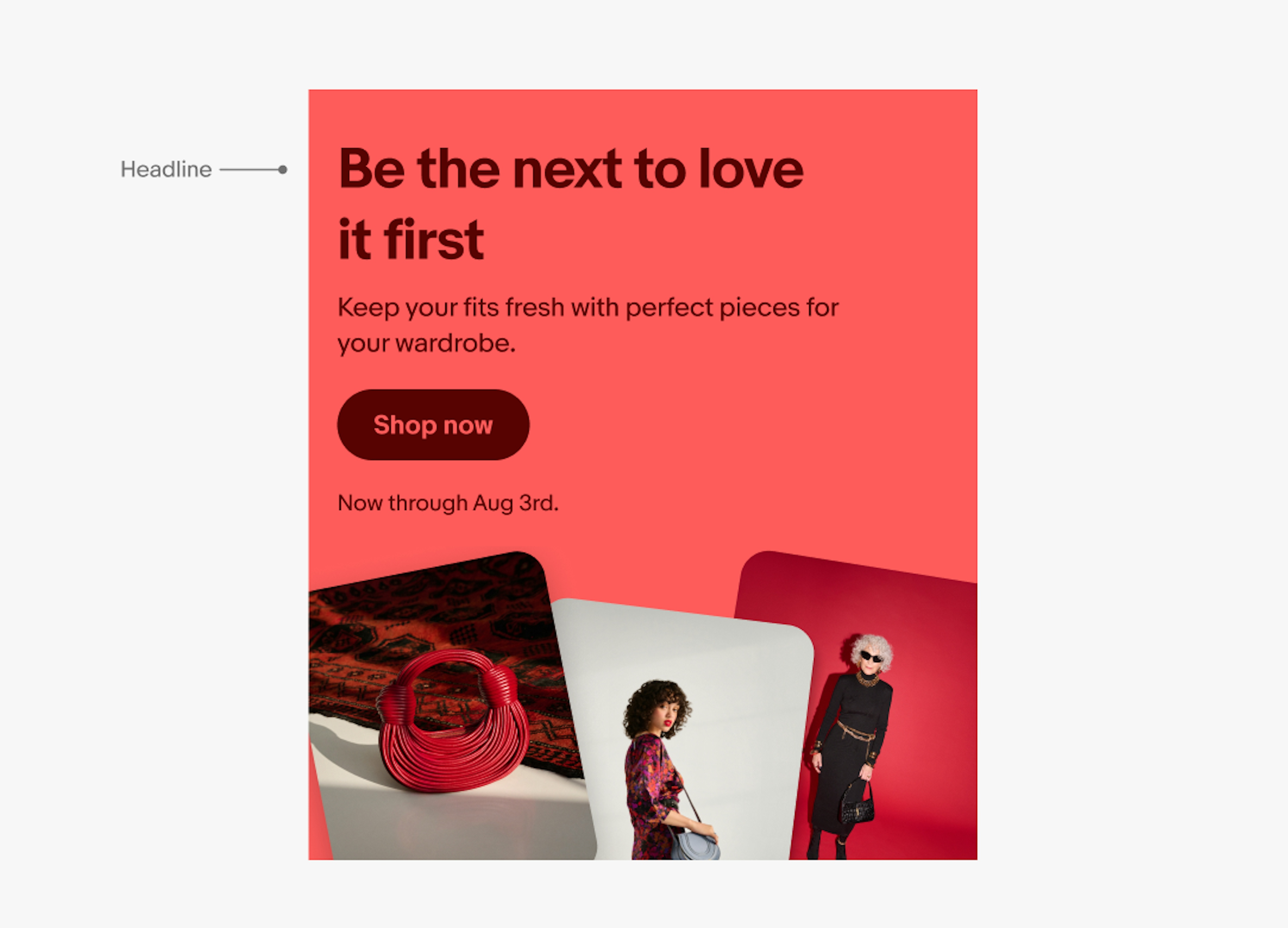 Bright coral banner with a pointer pointing at the headline which says “Be the next to love it first” and an image of a black sneaker. 