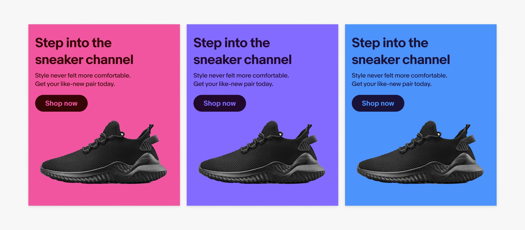 3 different banners each with a different color theme. The first has a pink background with dark pink text. The second has a purple background with dark purple text. The third has a blue background with dark blue text.