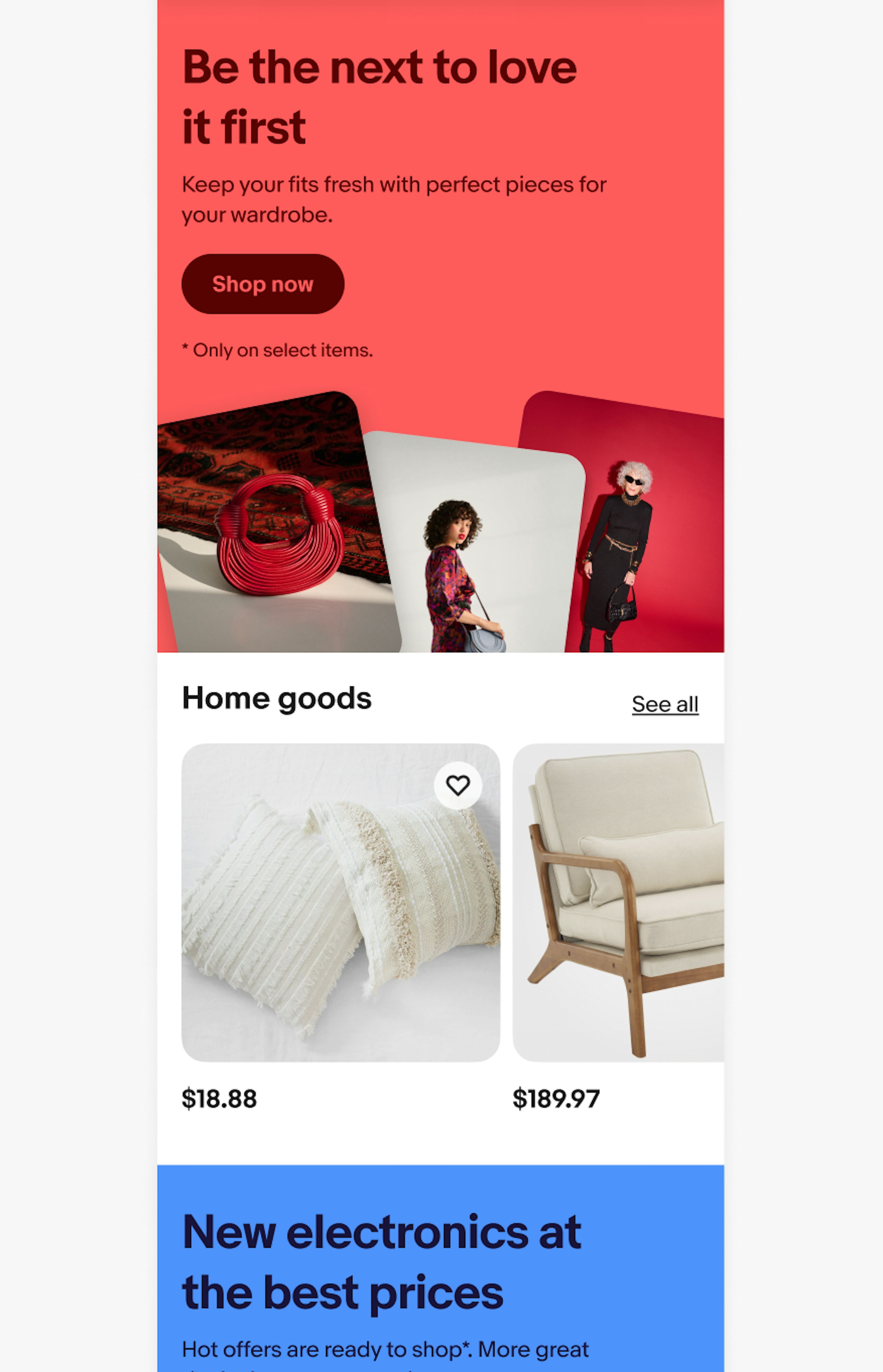 Mobile eBay page with a bright coral and bright blue banner separated by a carousel of products titled, “home goods” in between them. 