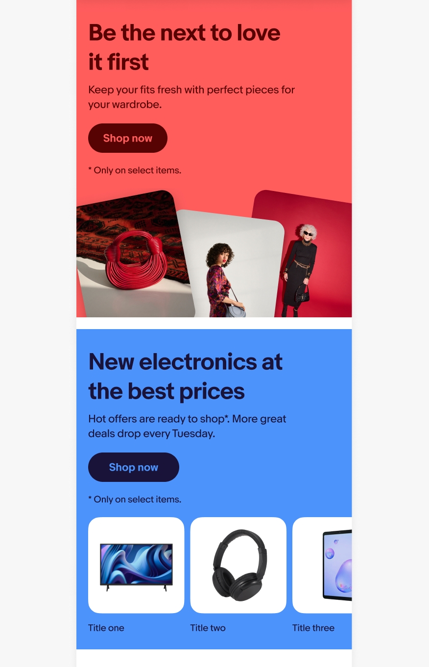 Mobile eBay page with a bright coral and bright blue banner stacked on top of each other at the top of the page.