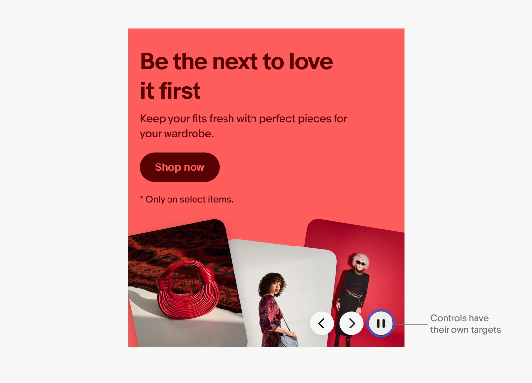 Banner displaying a shoe with a “Shop now” button, with pointer pointing to the pause control button, which has a blue keyboard focus outline around it, indicating that controls have their own targets.