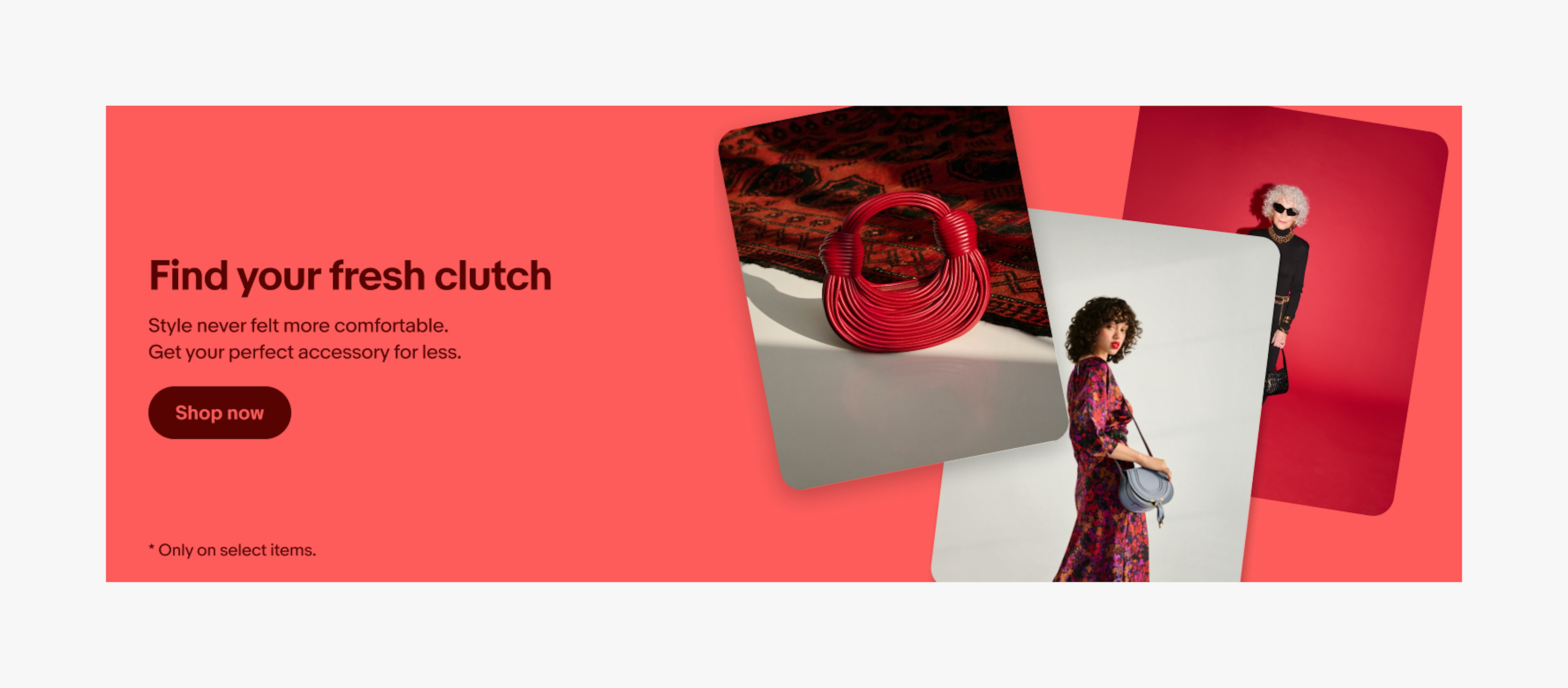 Banner with a solid coral background and dark coral text centered vertically on the left. A stack of 3 image cards about purses and fashion sit on the right.