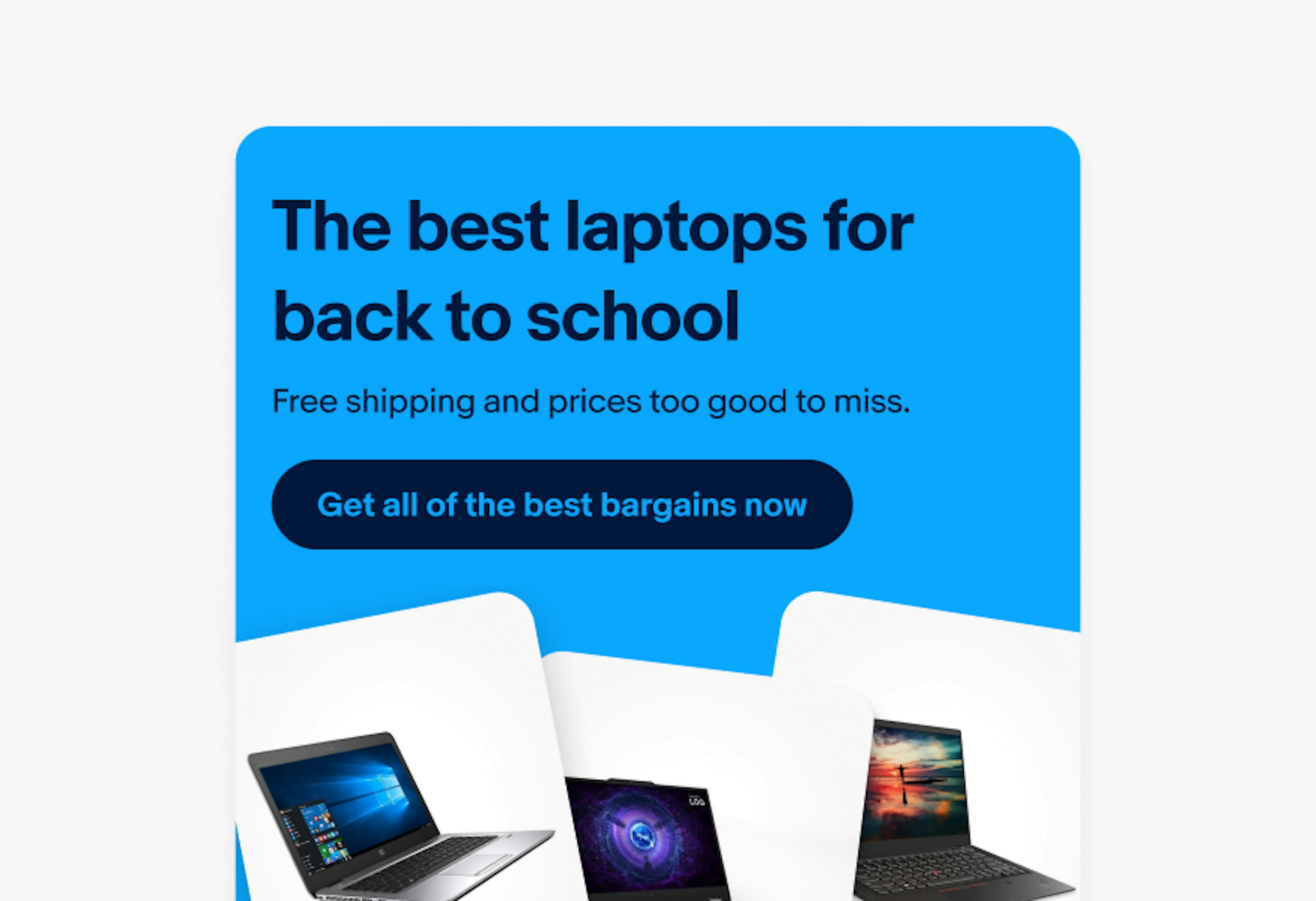 A banner using the indigo theme. The button text is long with “Get all of the best bargains now”.