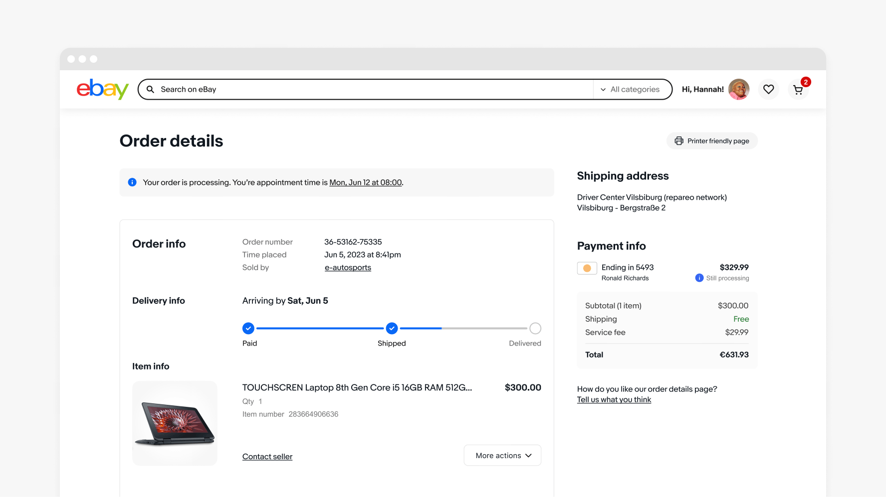 A large desktop screen with an information section notice beneath the page title “Order details”. It states an order is processing and when the appointment time is.