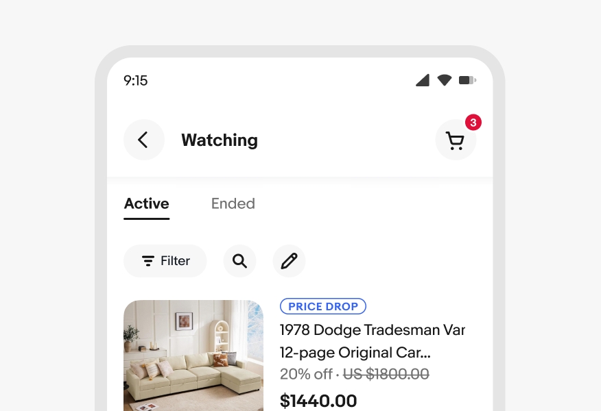 The ‘Watching’ page on the eBay app with ‘Active’ and ‘Ended’ tab navigations.