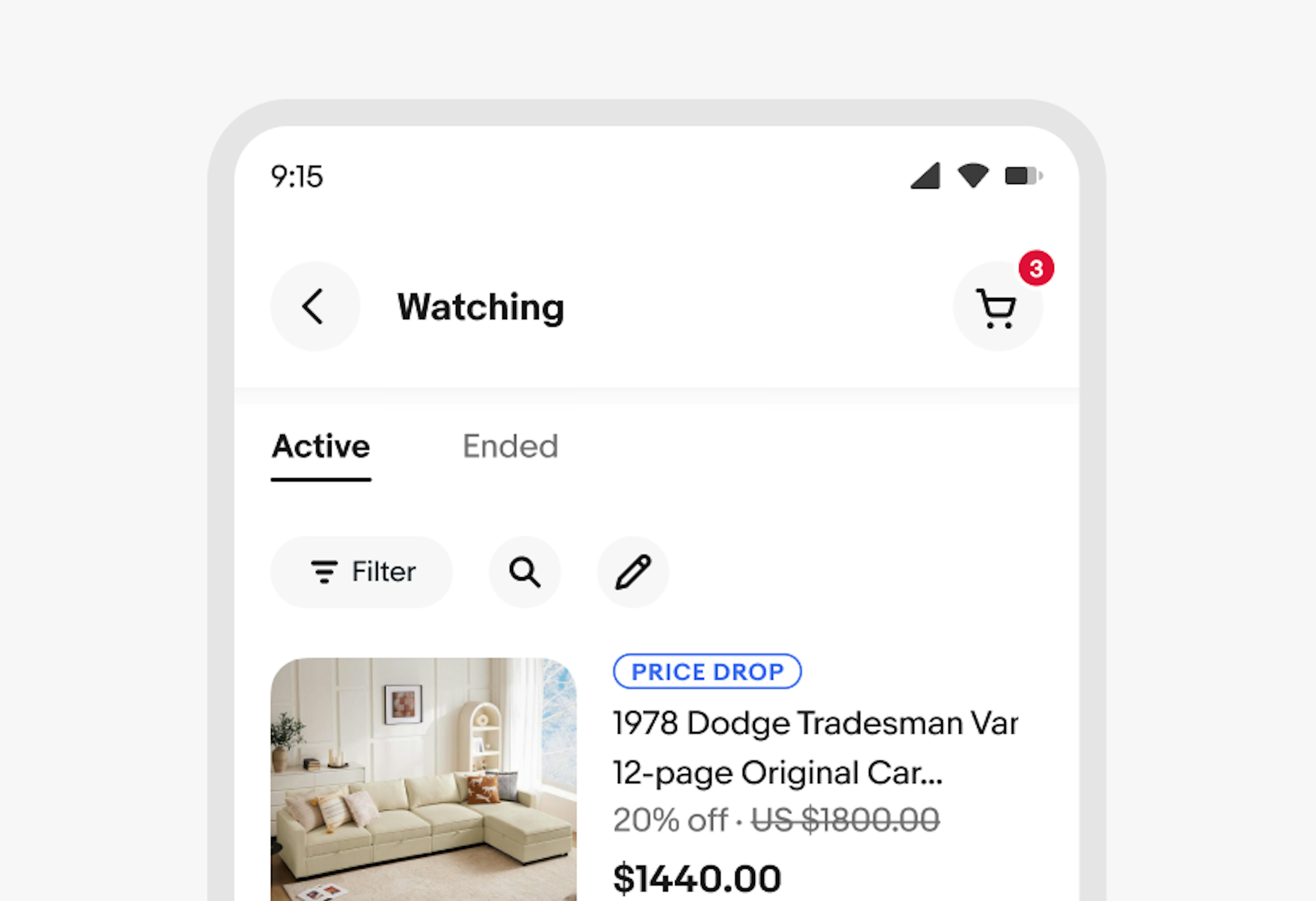 The ‘Watching’ page on the eBay app with ‘Active’ and ‘Ended’ tab navigations.