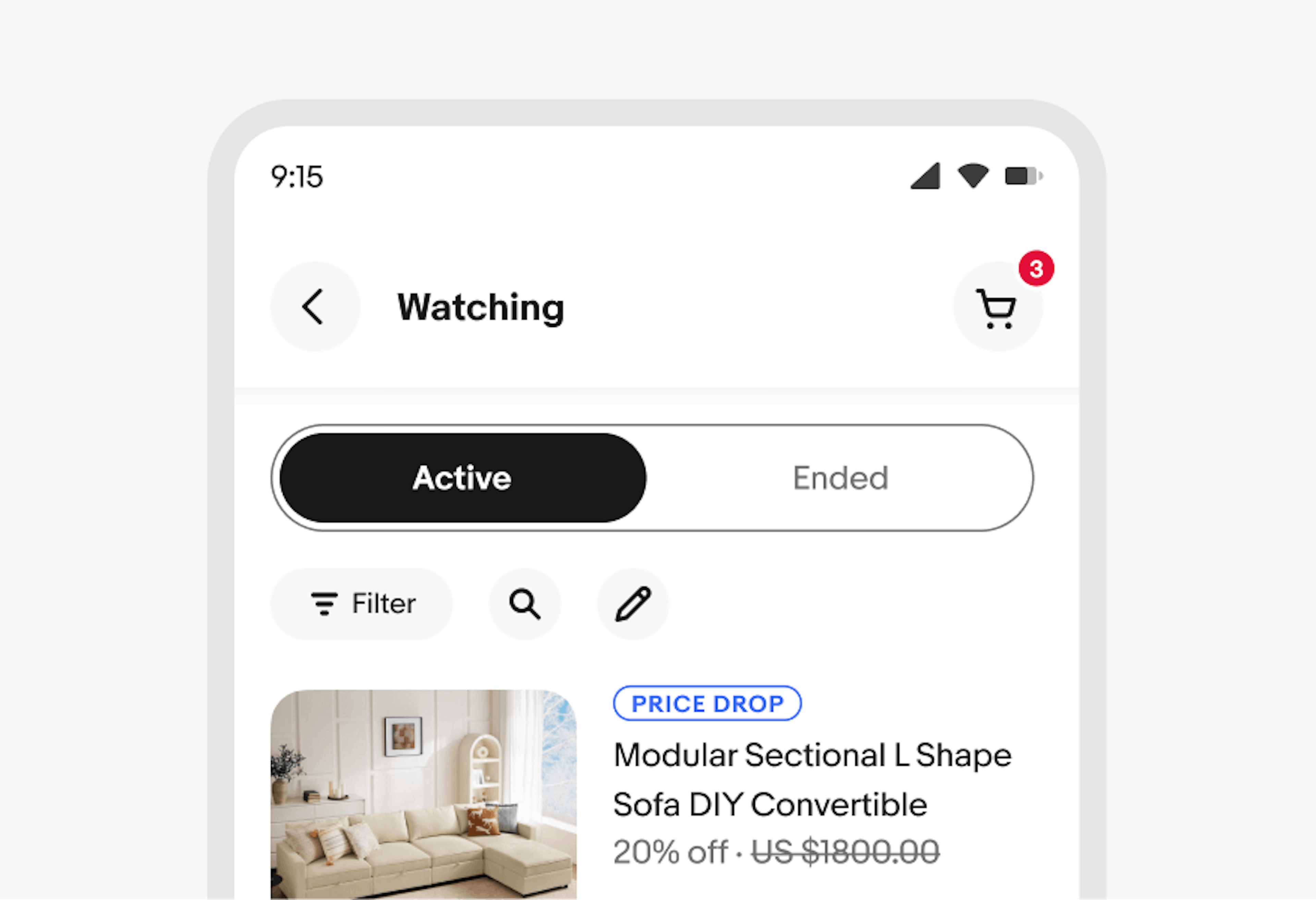 The ‘Watching’ page on the eBay app with ‘Active’ and ‘Ended’ segmented buttons.