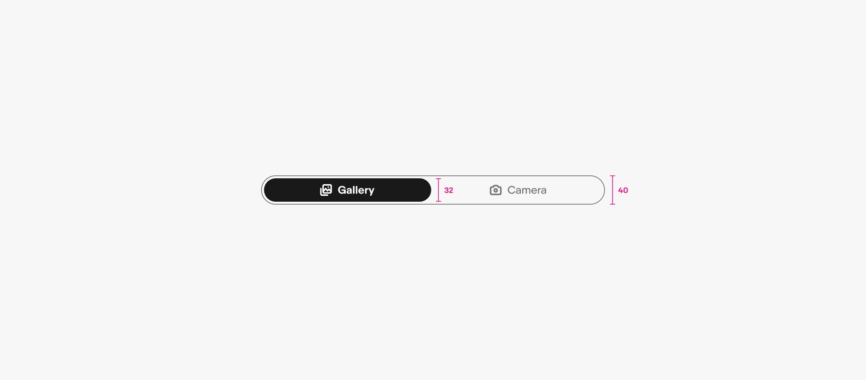 A small segmented button is shown with specs highlighted. The segmented button border is 1px, and the color is border.medium. The height of the button is 40px. The padding around the active button fill is 4px. The padding inside of the active button fill is 8px, and the height is 32px. The padding between the icon and label text is 8px.