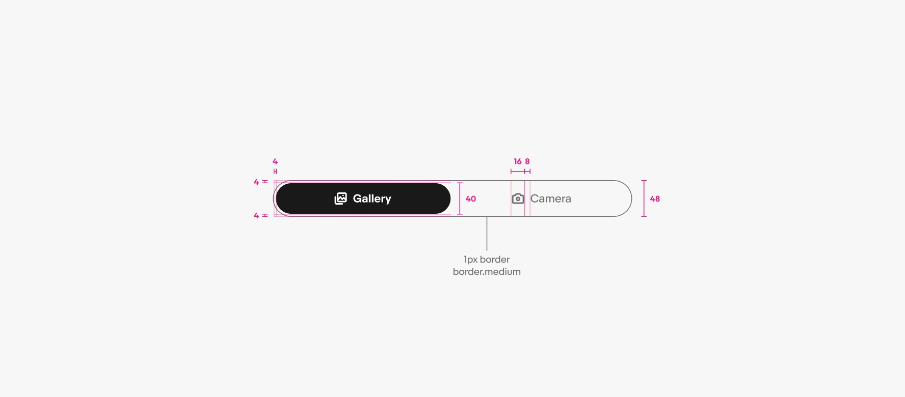 A large segmented button is shown with specs highlighted. The segmented button border is 1px, and the color is border.medium. The height of the button is 48px. The padding around the active button fill is 4px. The padding inside of the active button fill is 12px, and the height is 40px. The padding between the icon and label text is 8px.