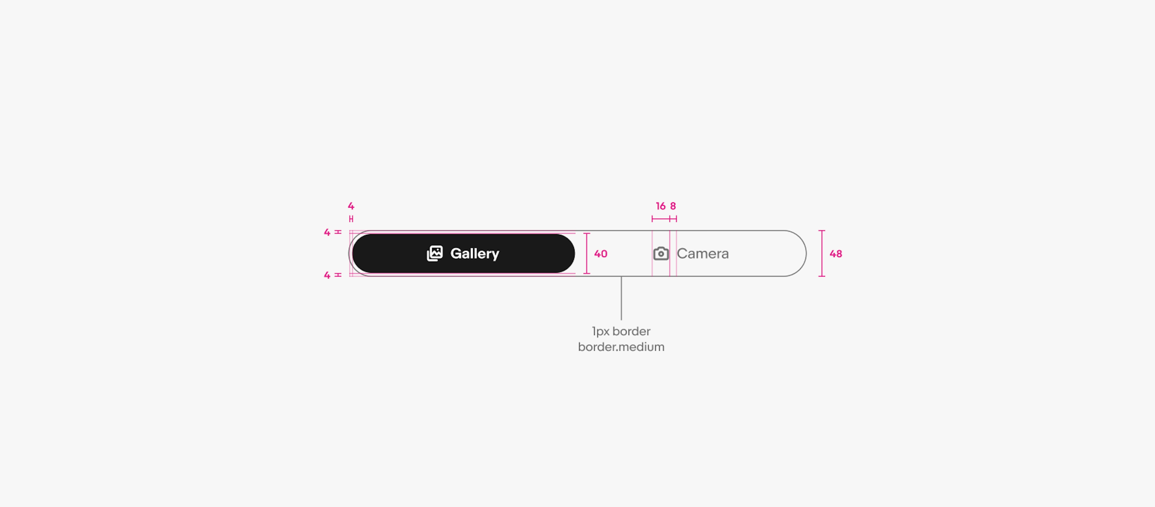 A large segmented button is shown with specs highlighted. The segmented button border is 1px, and the color is border.medium. The height of the button is 48px. The padding around the active button fill is 4px. The padding inside of the active button fill is 12px, and the height is 40px. The padding between the icon and label text is 8px. 