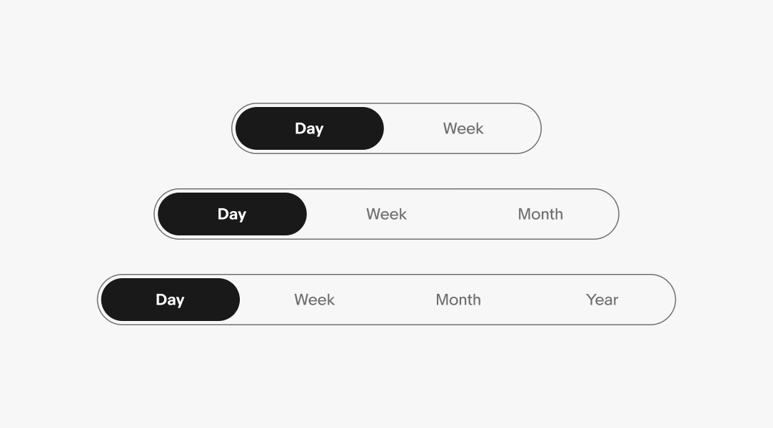 Three segmented buttons: A segmented button with two segments, a segmented button with three segments, and a segmented button with four segments.