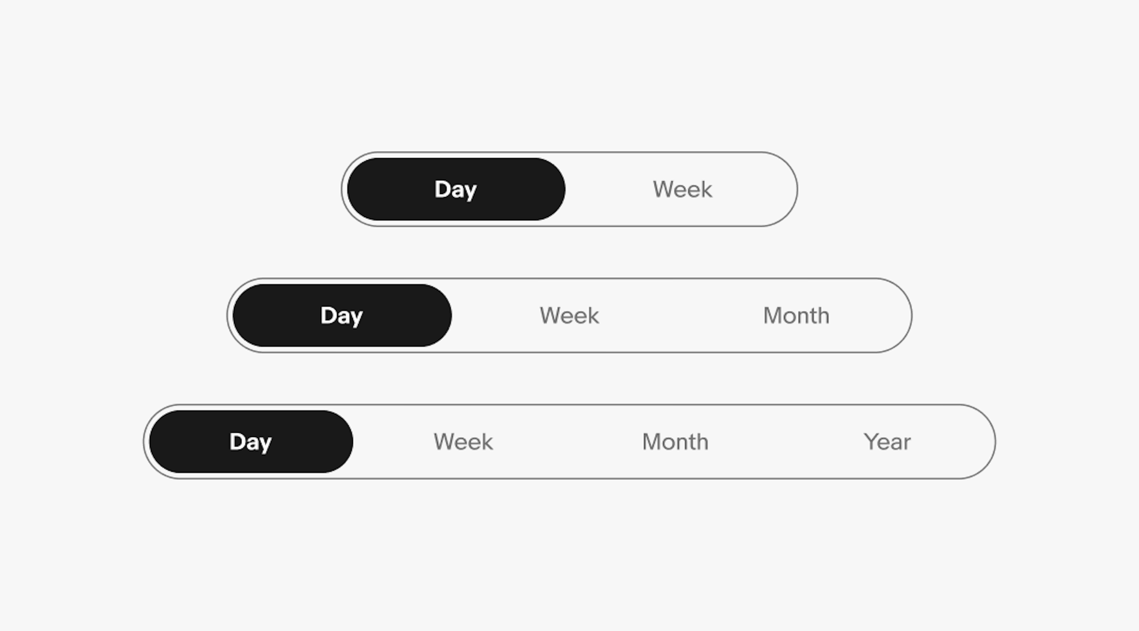 Three segmented buttons: A segmented button with two segments, a segmented button with three segments, and a segmented button with four segments.