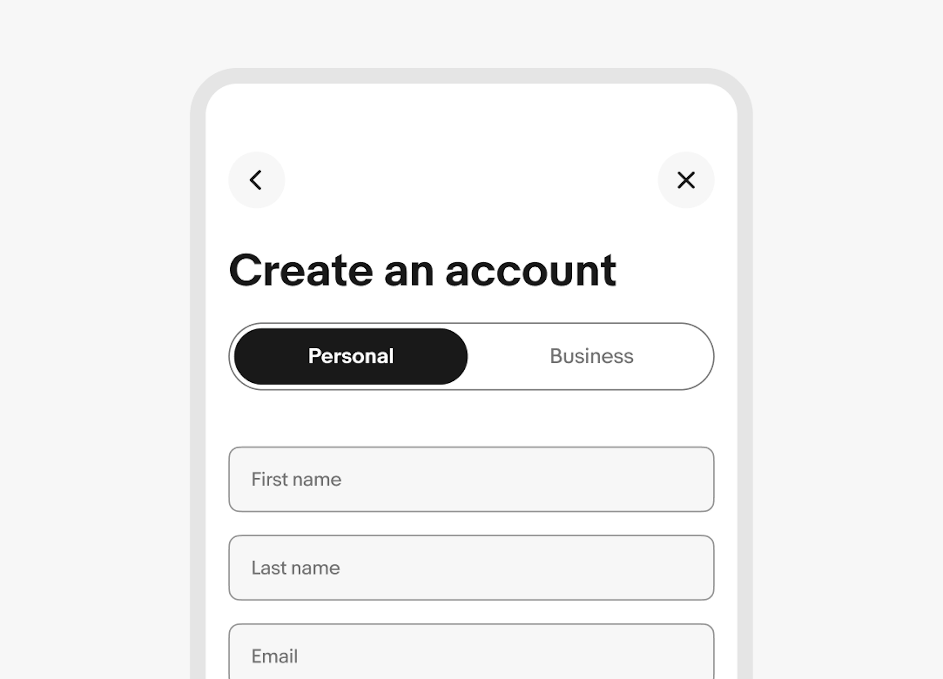 A segmented button on a ‘Create an account’ page on mobile.