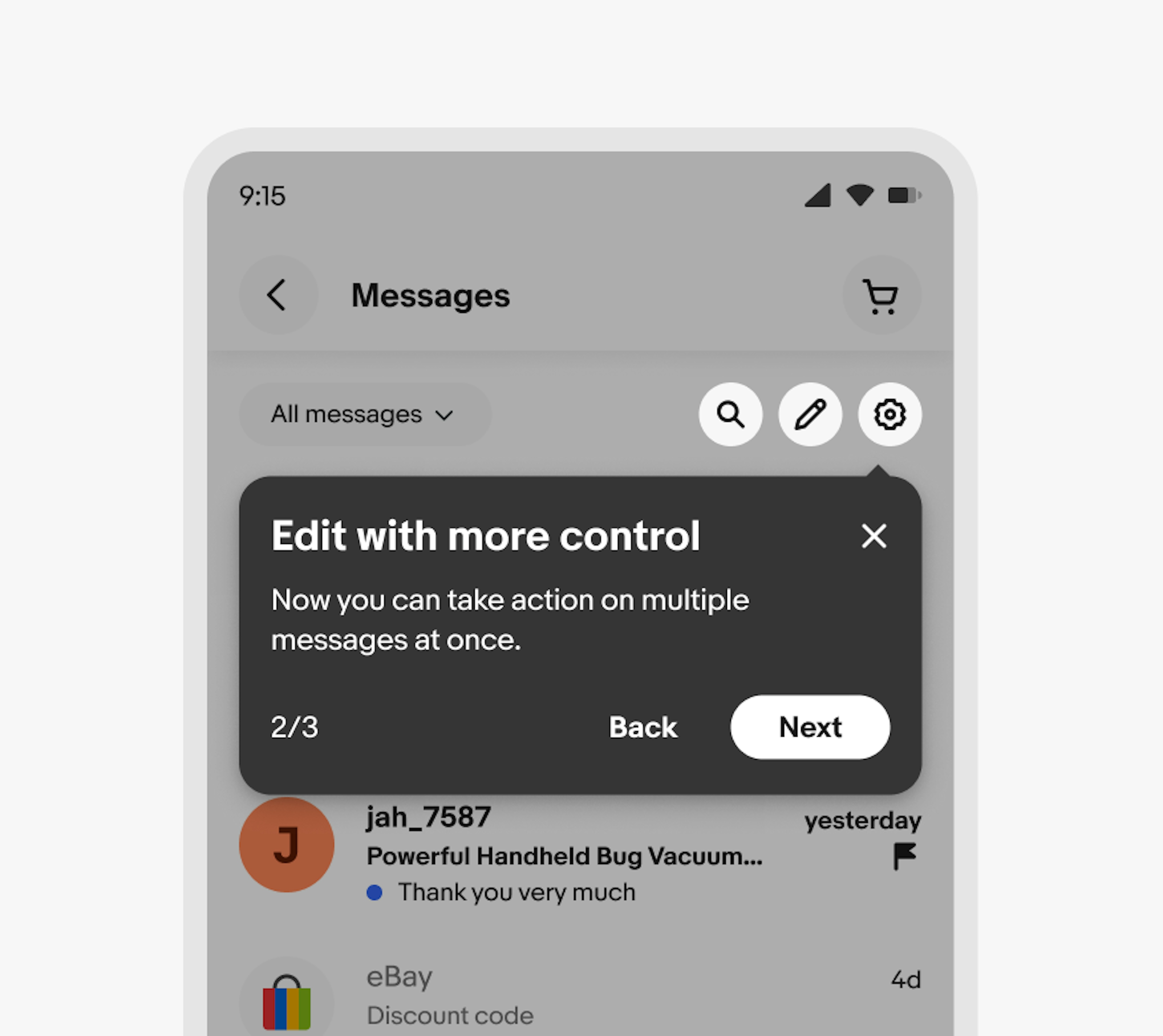 A mobile design with a tourtip. The tourtip has the title “Edit with more control” and points to three icons that are isolated. The icon buttons contain search, edit, and settings icons.