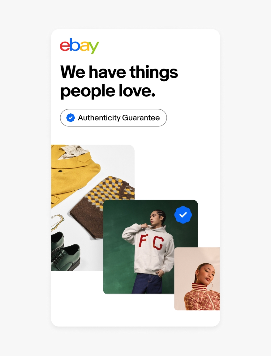 An ad with a filled rosette checkmark icon placed on top of a stack of fashion images. The same filled icon is used in a program badge lockup within a pill shape towards the top.