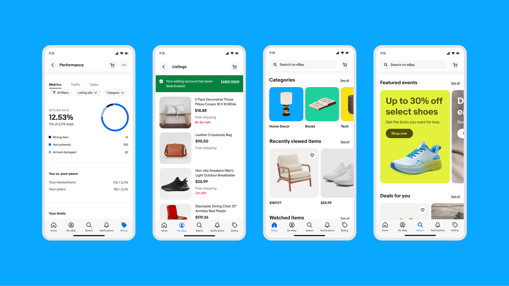 Four mobile eBay screens showcasing the different use cases of colors in eBay UI. First screen showcases the Performance section of the app, with various colors used in graph elements. The second screen shows a listings page a green alert notice banner with item tiles below. The third screen showcases item and image tiles with illustrations and product imagery. The fourth screen shows a featured events section with a yellow banner and product imagery.
