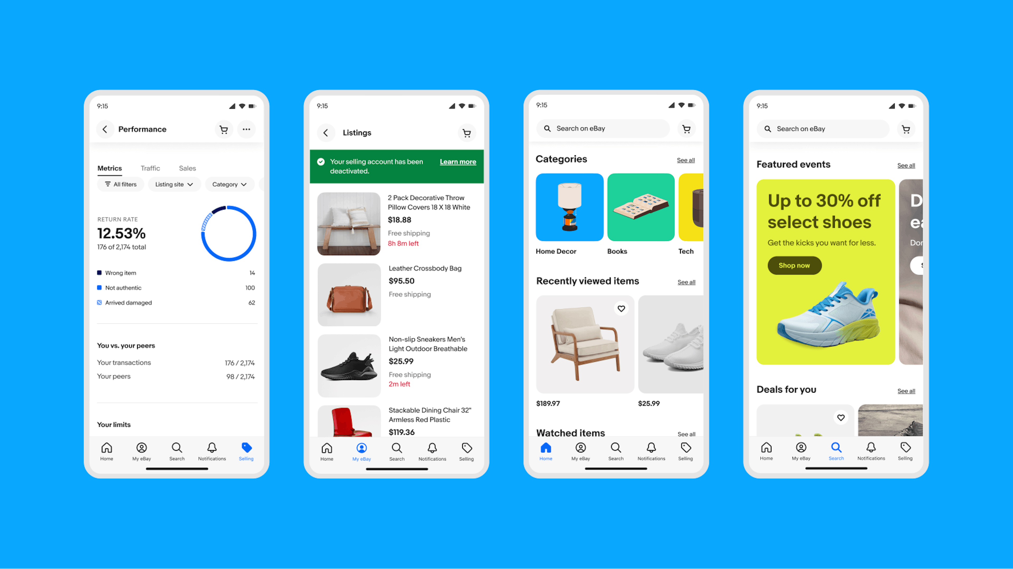 Four mobile eBay screens showcasing the different use cases of colors in eBay UI. First screen showcases the Performance section of the app, with various colors used in graph elements. The second screen shows a listings page a green alert notice banner with item tiles below. The third screen showcases item and image tiles with illustrations and product imagery. The fourth screen shows a featured events section with a yellow banner and product imagery.