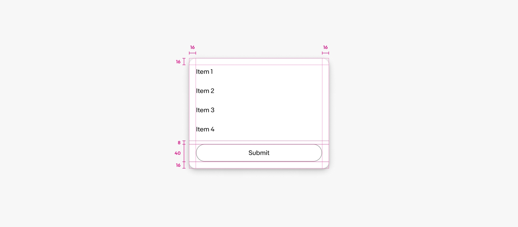 A popover is shown with specs highlighted. Padding on the top, bottom, left, and right of the container is 16px. The height of the footer is 40px. The padding between the body and footer is 8px.