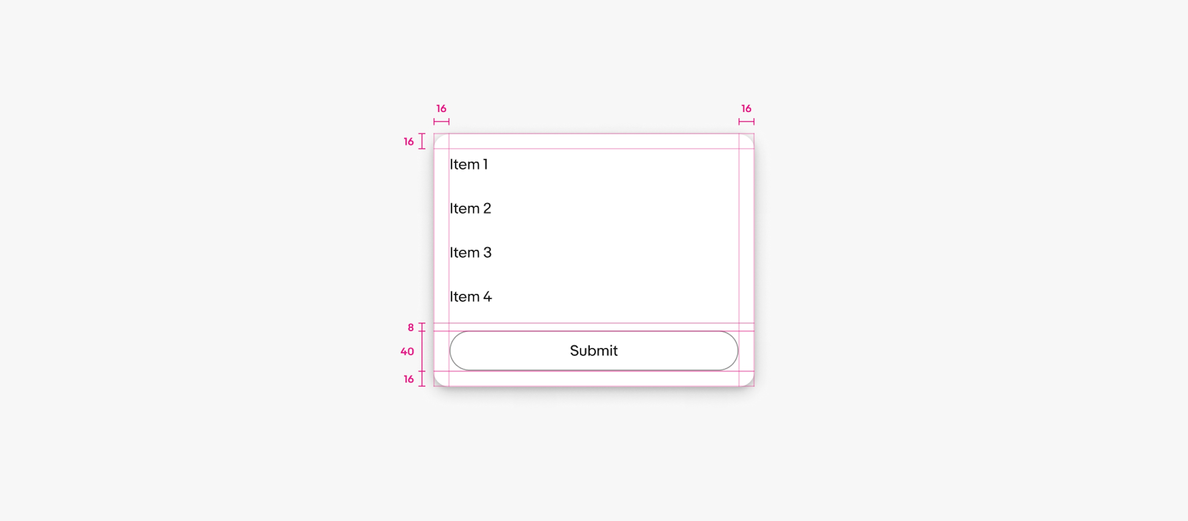 A popover is shown with specs highlighted. Padding on the top, bottom, left, and right of the container is 16px. The height of the footer is 40px. The padding between the body and footer is 8px.