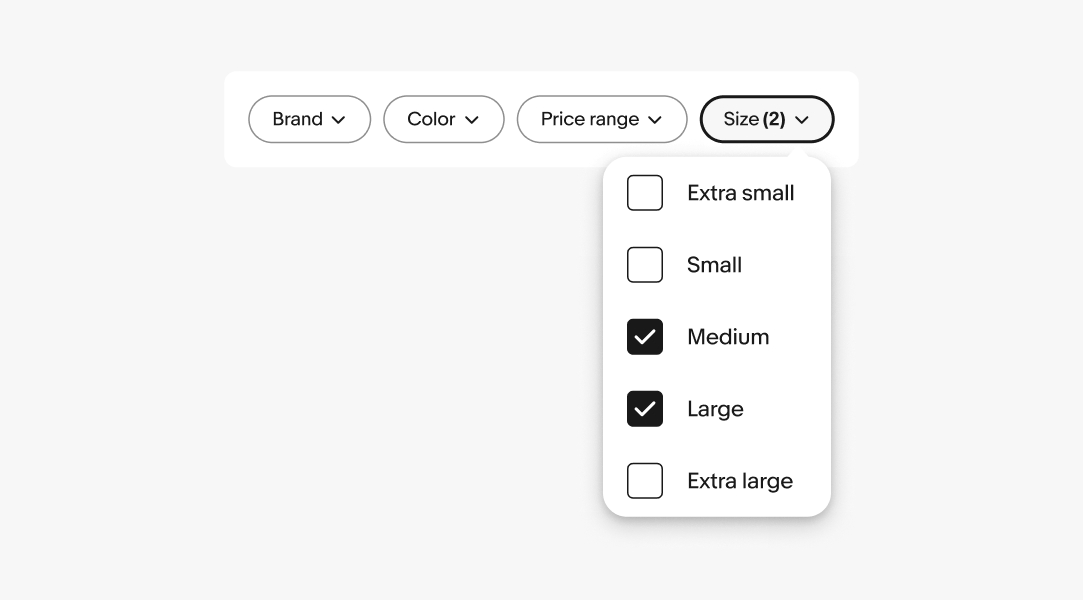 A popover sits below a ‘Size’ quick filter button with a counter of 2.